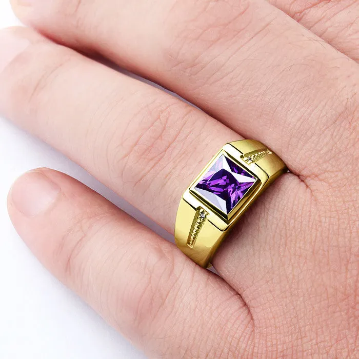 10K Mens Gold Ring with Purple Amethyst and Natural Diamonds