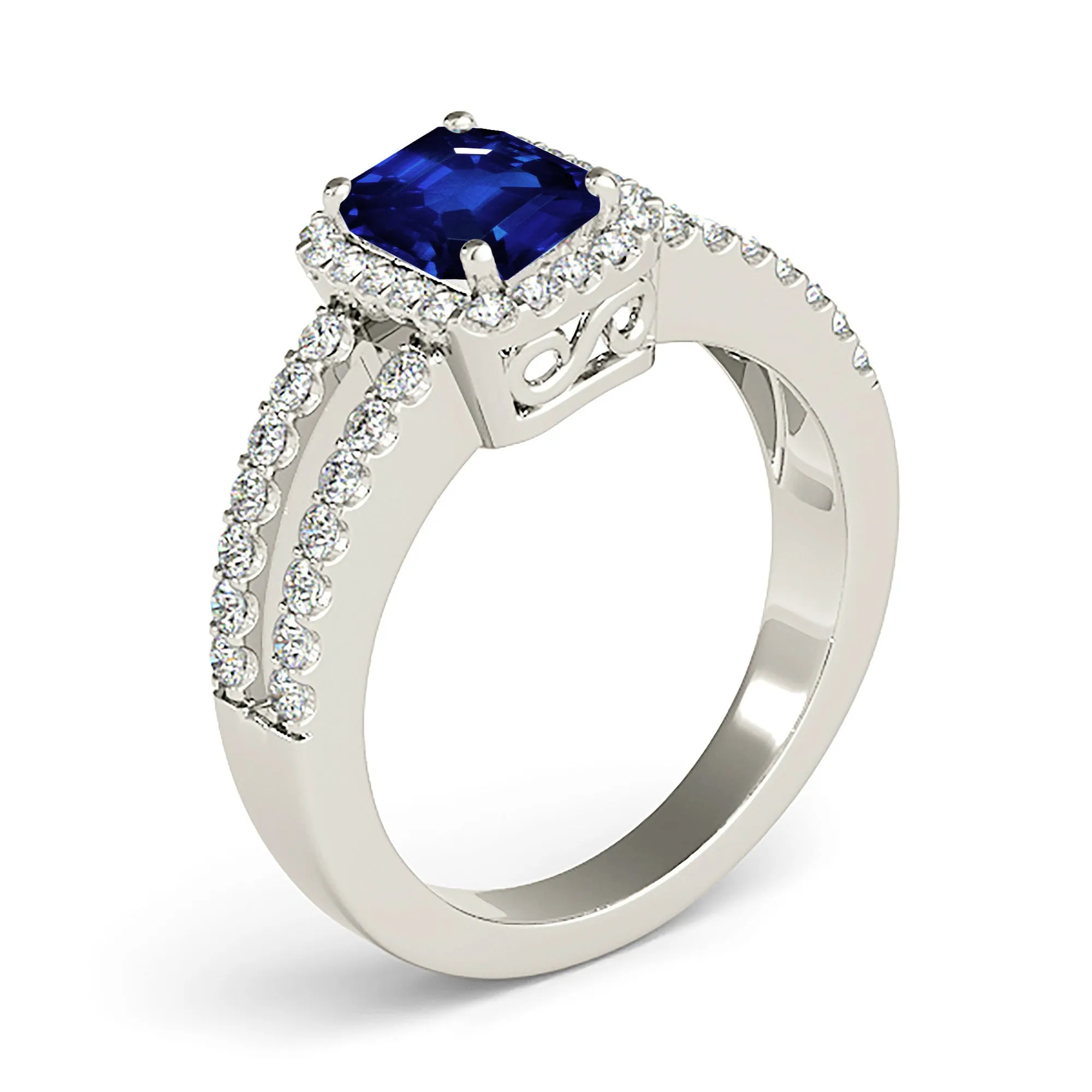 1.15 ct. Genuine Blue Emerald Cut Sapphire Ring With Halo