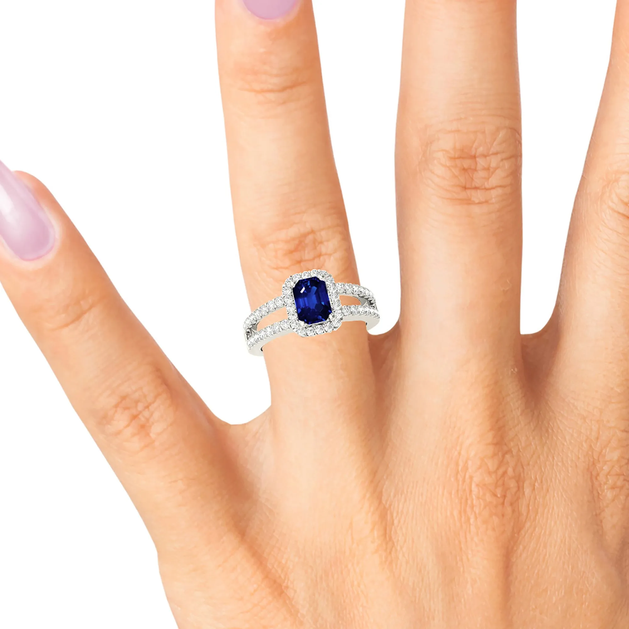1.15 ct. Genuine Blue Emerald Cut Sapphire Ring With Halo