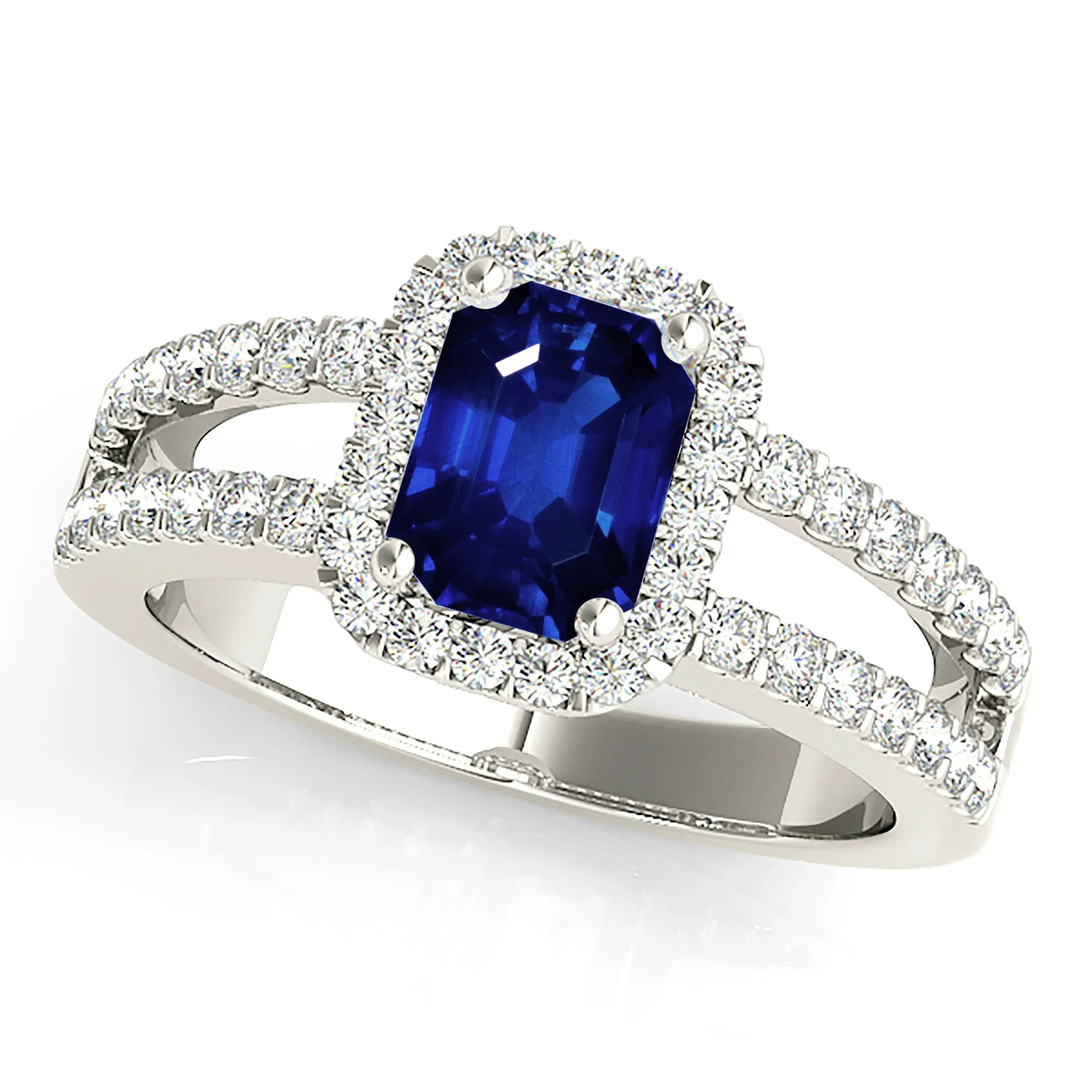 1.15 ct. Genuine Blue Emerald Cut Sapphire Ring With Halo