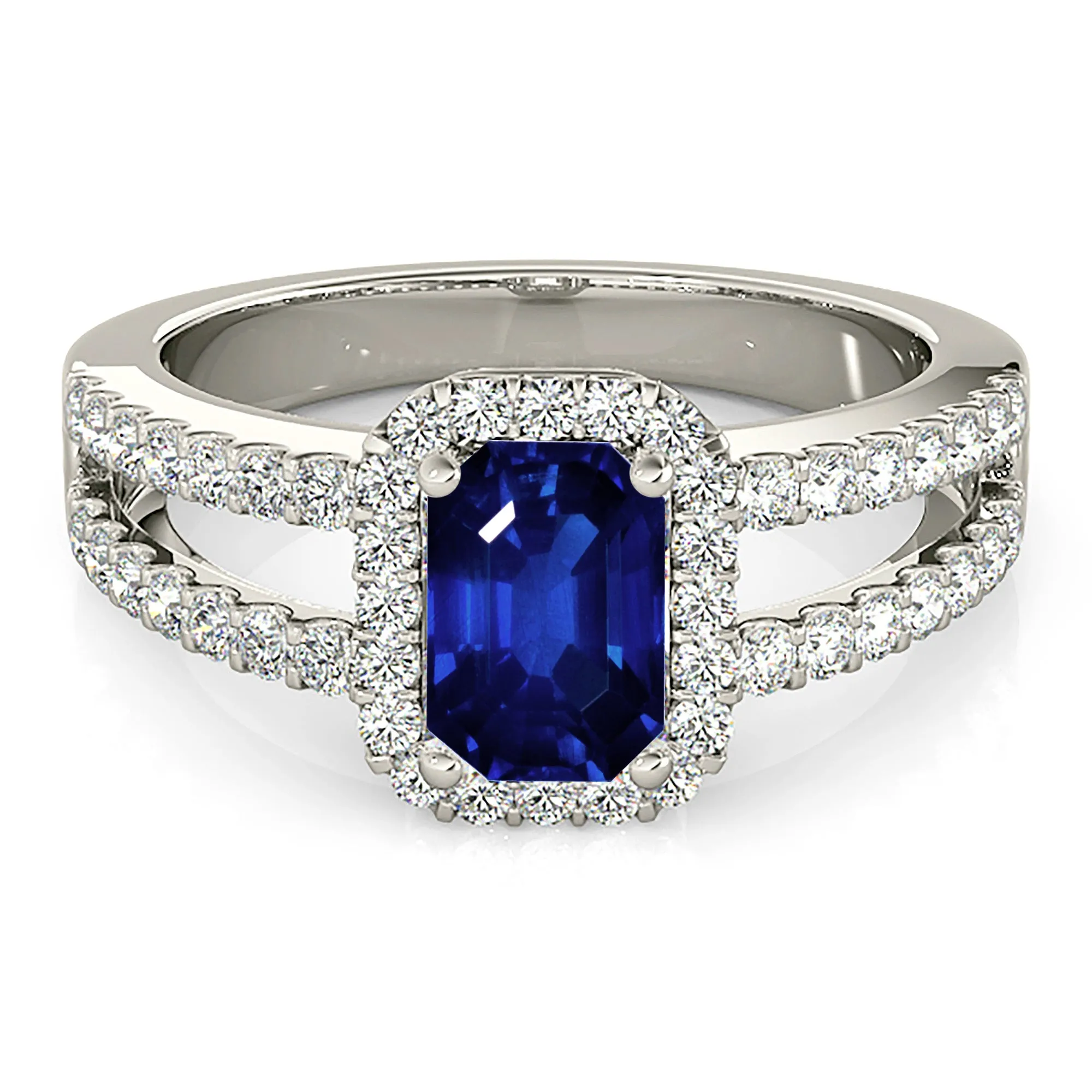 1.15 ct. Genuine Blue Emerald Cut Sapphire Ring With Halo