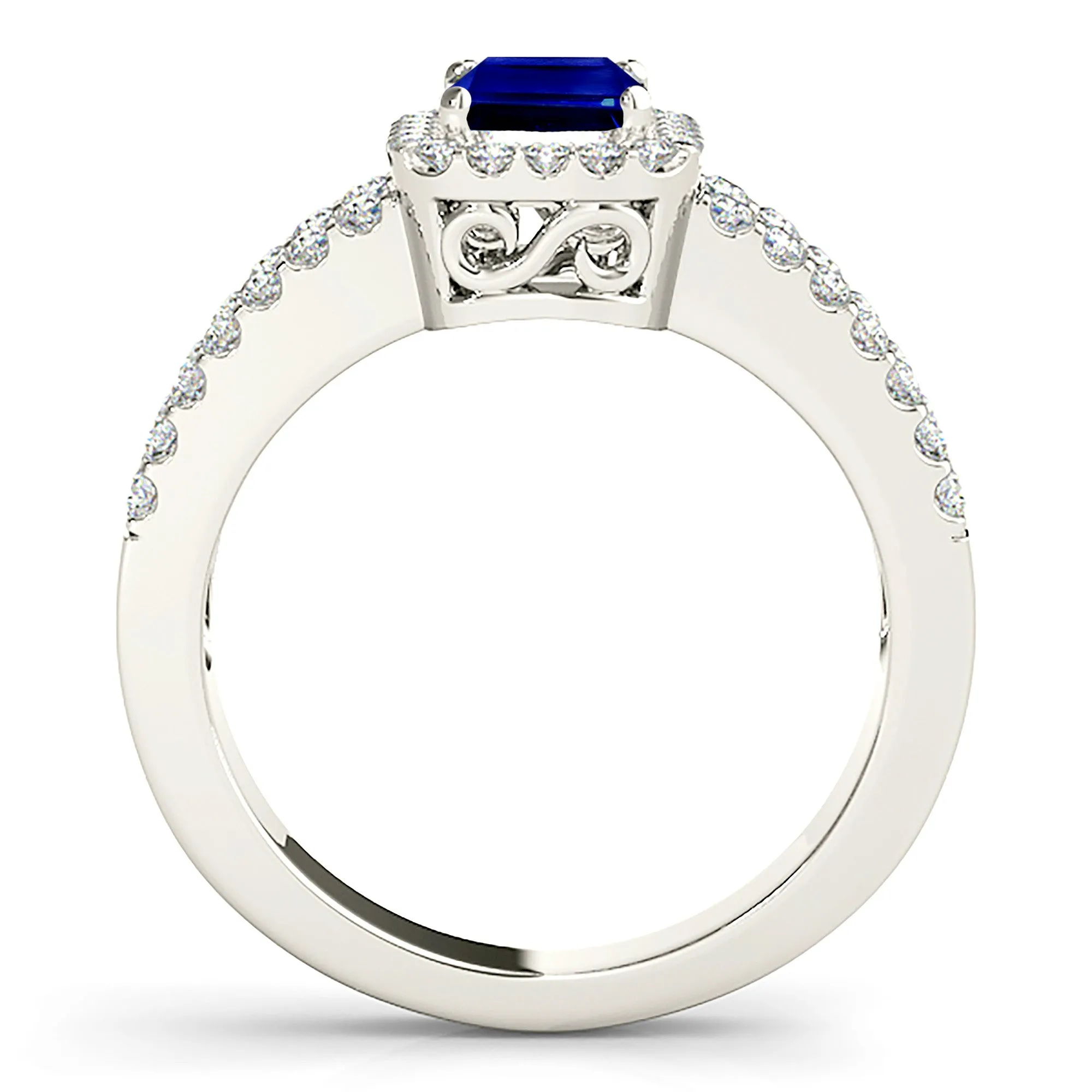 1.15 ct. Genuine Blue Emerald Cut Sapphire Ring With Halo