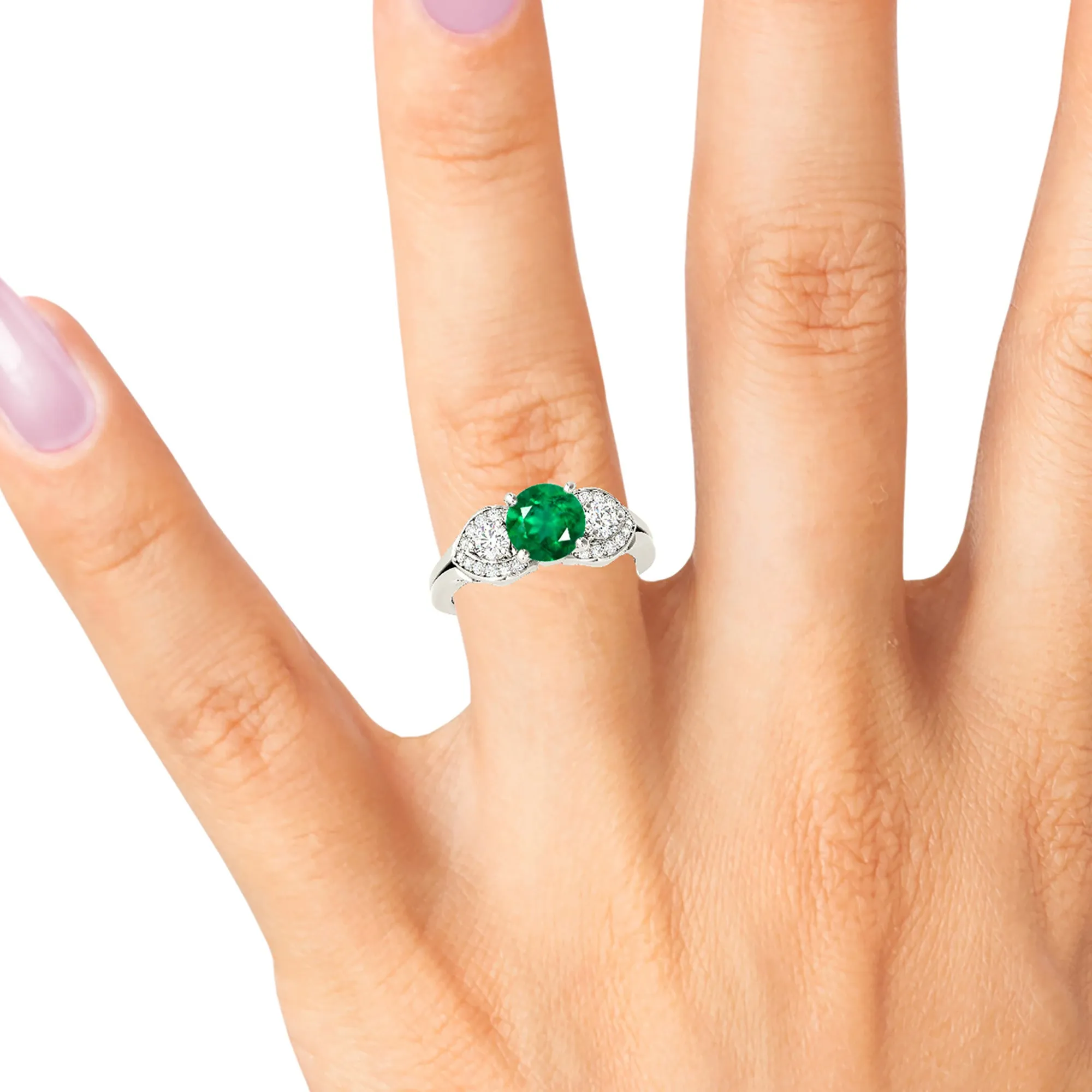 1.15 ct. Genuine Emerald Three Stone Style Side Heart Halo