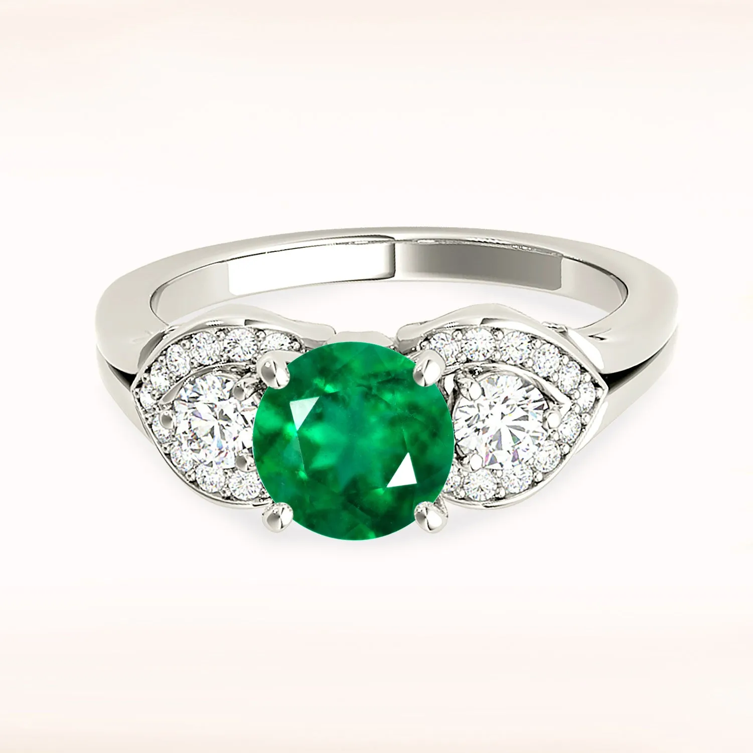 1.15 ct. Genuine Emerald Three Stone Style Side Heart Halo