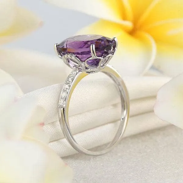 14K White Gold 5.75 Ct Oval Purple Amethyst 0.22 Ct Natural Diamond