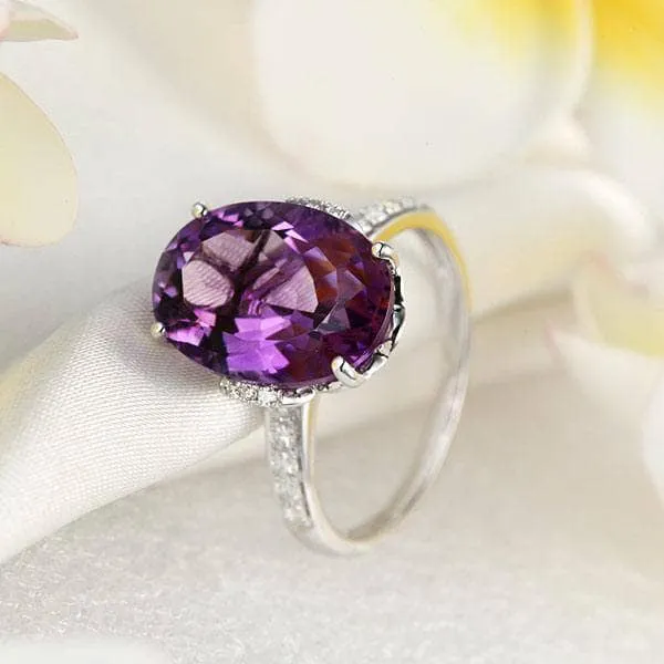 14K White Gold 5.75 Ct Oval Purple Amethyst 0.22 Ct Natural Diamond
