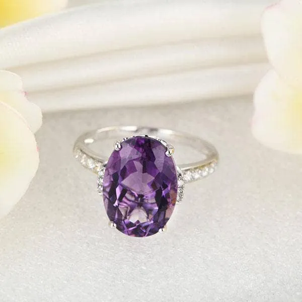 14K White Gold 5.75 Ct Oval Purple Amethyst 0.22 Ct Natural Diamond
