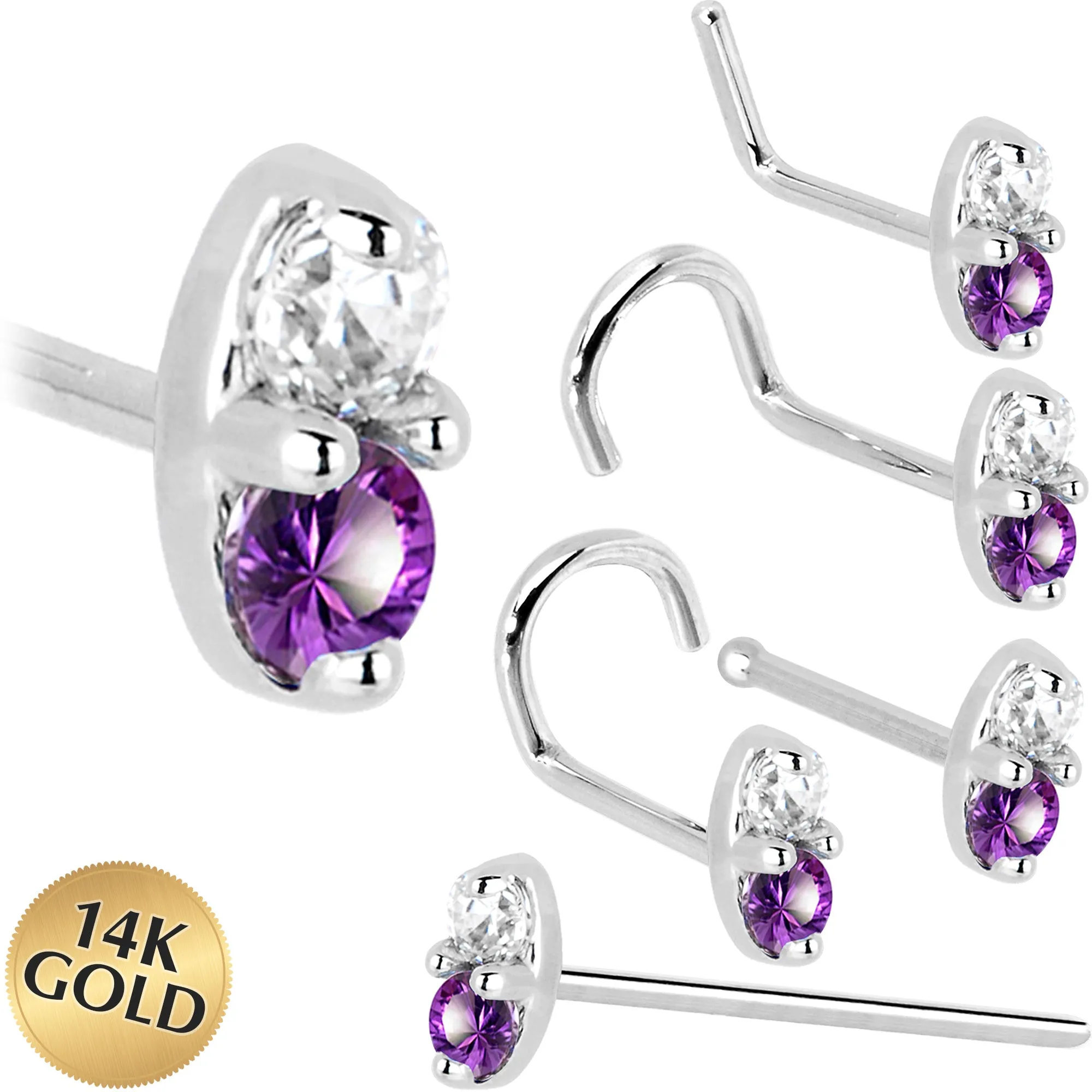 14kt White Gold Amethyst 1.5mm CZ Marquise Nose Ring