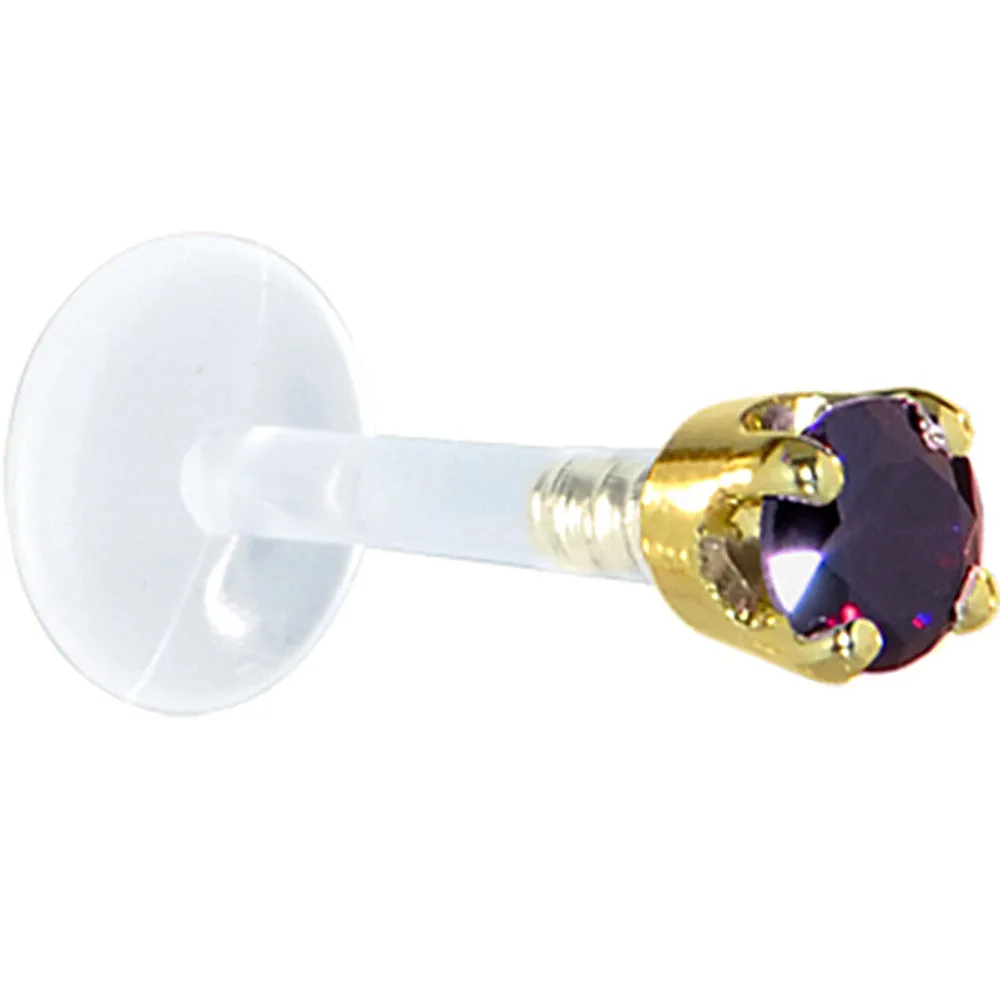 16 Gauge 1/4 Solid 14KT Yellow Gold 3mm Amethyst Cubic Zirconia Bioplast Tragus Earring Stud