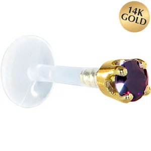 16 Gauge 1/4 Solid 14KT Yellow Gold 3mm Amethyst Cubic Zirconia Bioplast Tragus Earring Stud