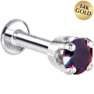 16 Gauge Solid 14KT White Gold 3mm Amethyst Cubic Zirconia Tragus Earring Stud