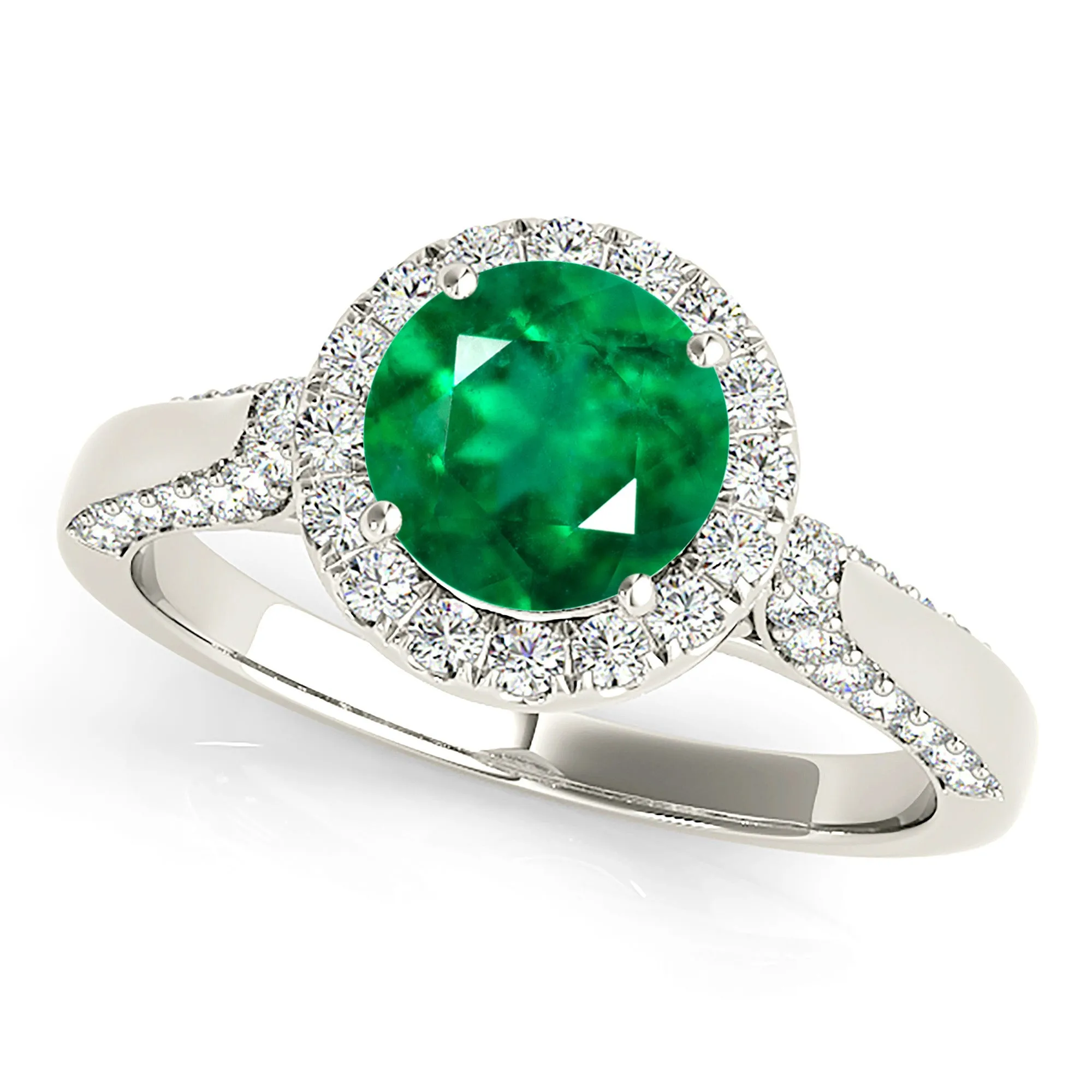 1.75 ct. Genuine Emerald Ring with Halo, Pave Diamond and Solid Gold Band