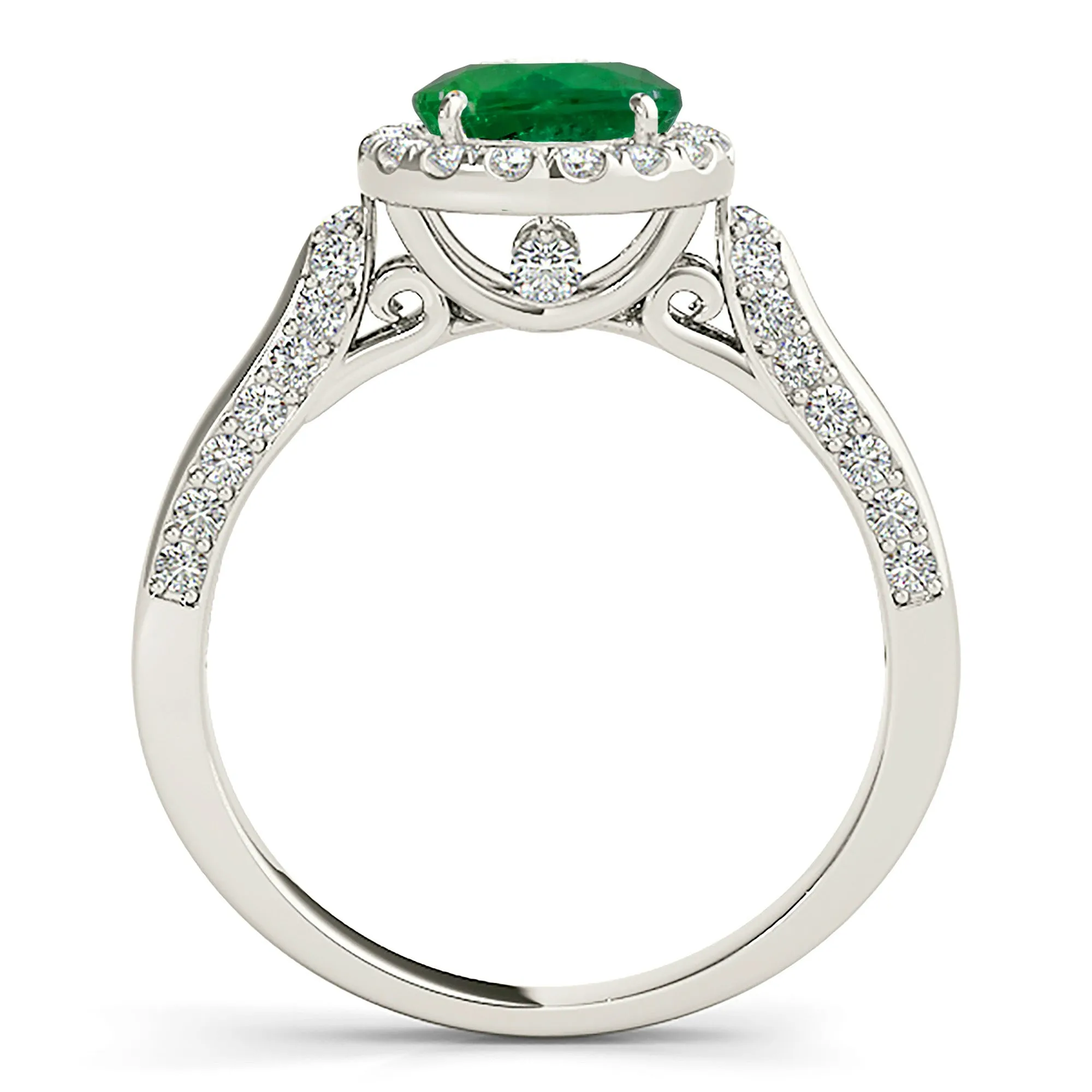 1.75 ct. Genuine Emerald Ring with Halo, Pave Diamond and Solid Gold Band