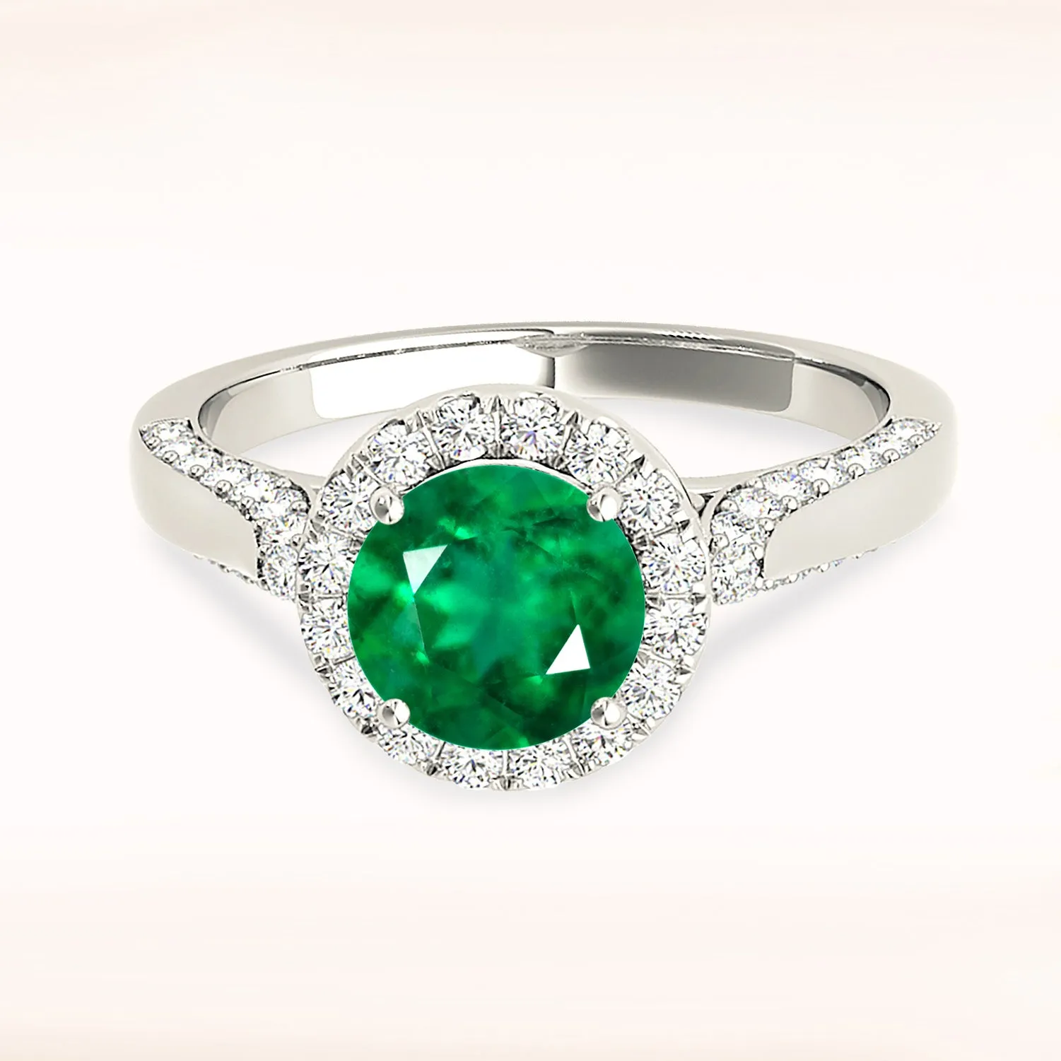 1.75 ct. Genuine Emerald Ring with Halo, Pave Diamond and Solid Gold Band