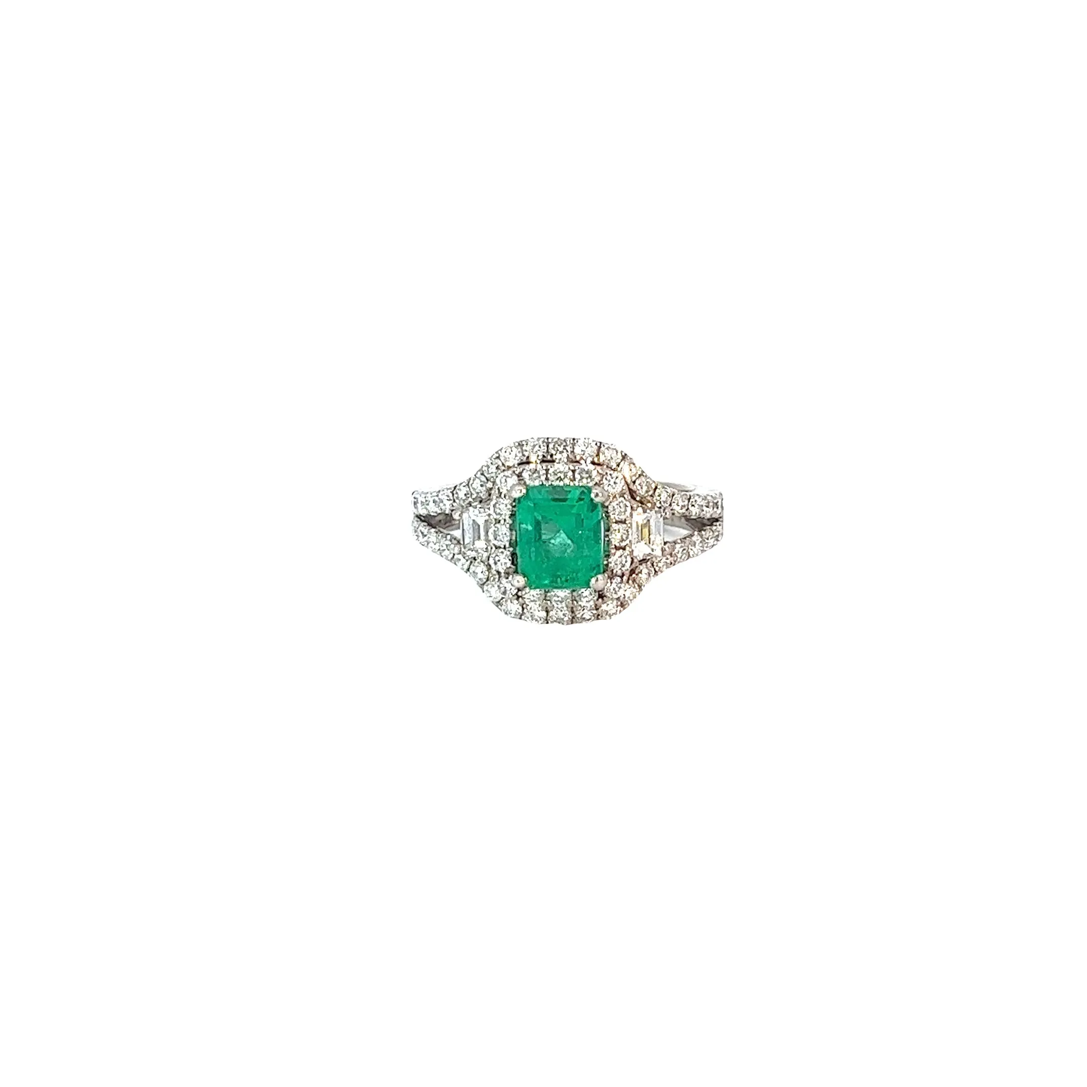 18k White Gold 1.00ct F VS2 Round Diamond and .95ct Radiant  Shape Columbian Emerald Ring