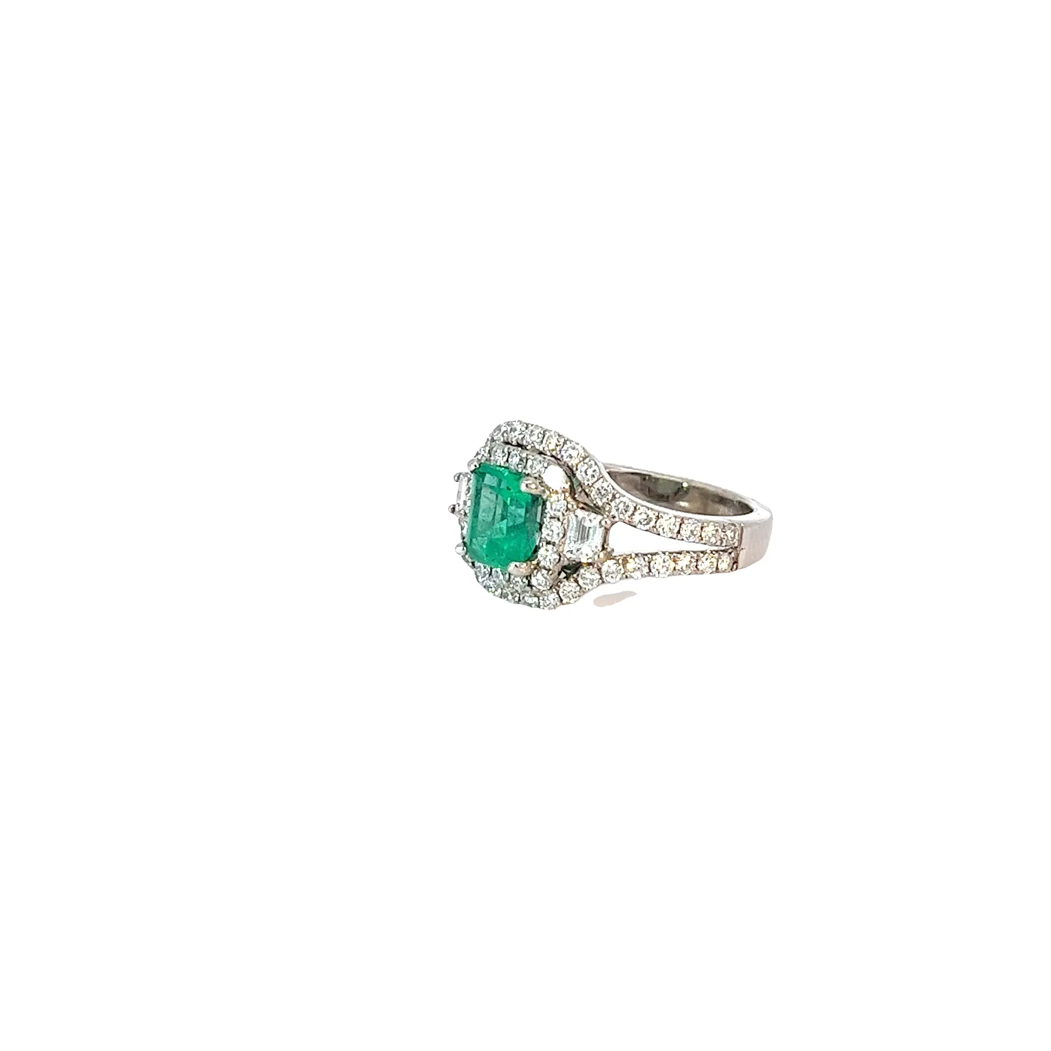 18k White Gold 1.00ct F VS2 Round Diamond and .95ct Radiant  Shape Columbian Emerald Ring