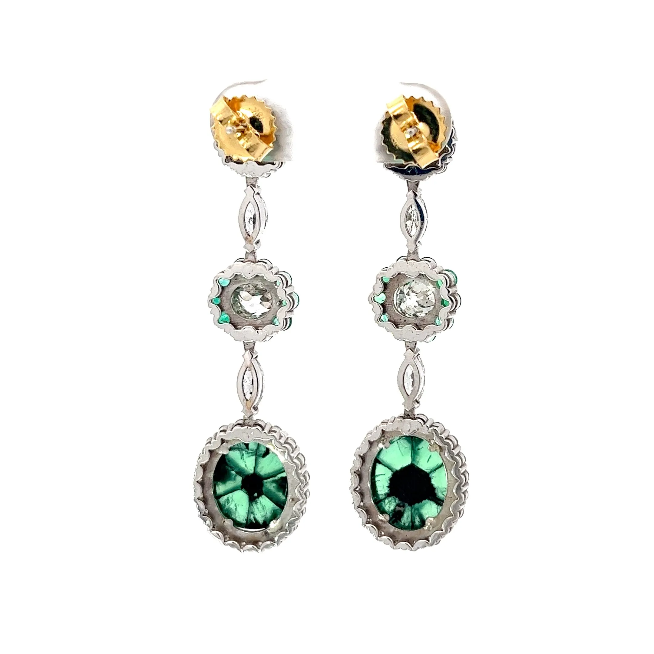 18k White Gold 8.35ct Trapiche Emerald, 1.03ct Old Mine Cut Round Diamond, .95ct Colombian Round Emeralds and .65ct G VS2 Marquise Dangle Earrings