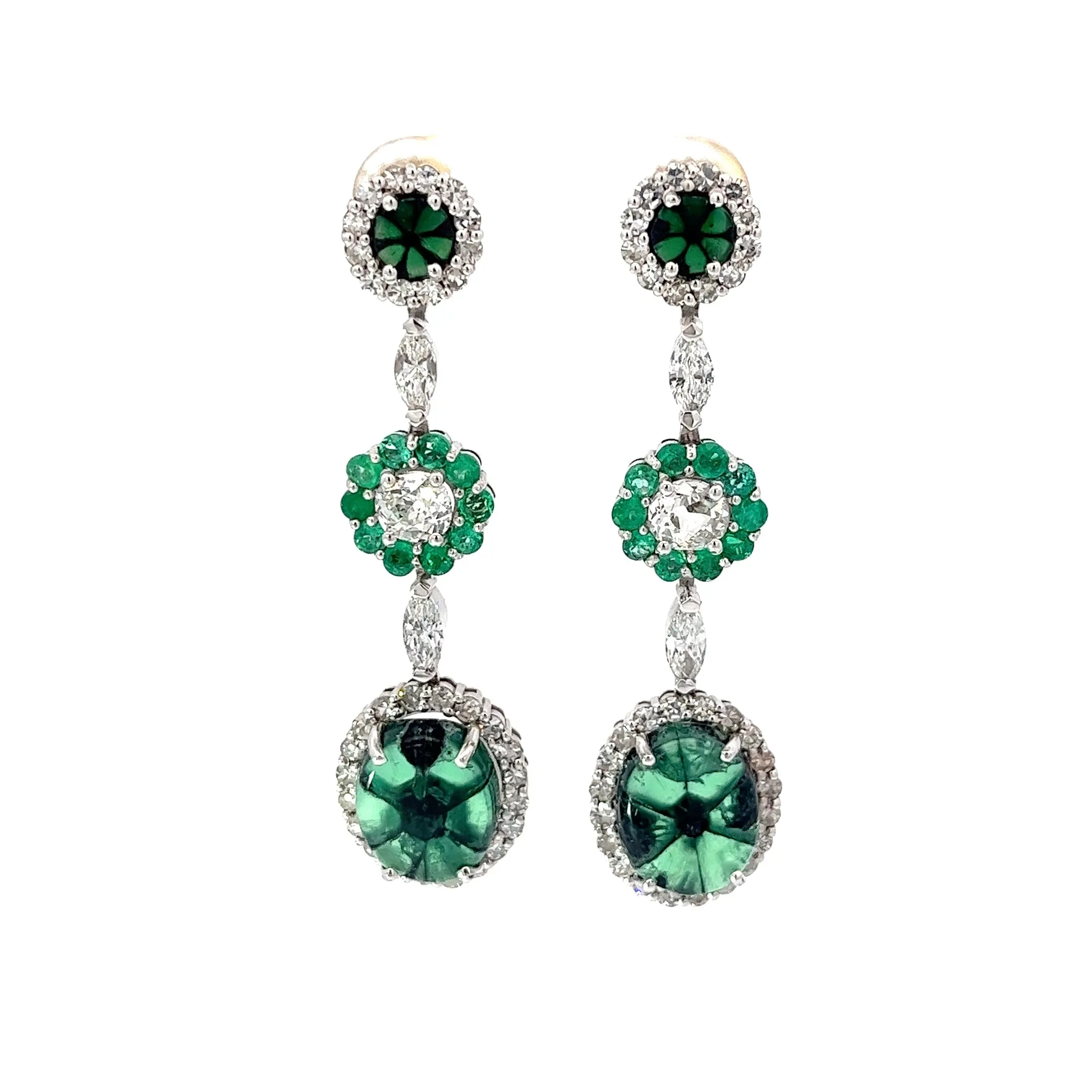 18k White Gold 8.35ct Trapiche Emerald, 1.03ct Old Mine Cut Round Diamond, .95ct Colombian Round Emeralds and .65ct G VS2 Marquise Dangle Earrings