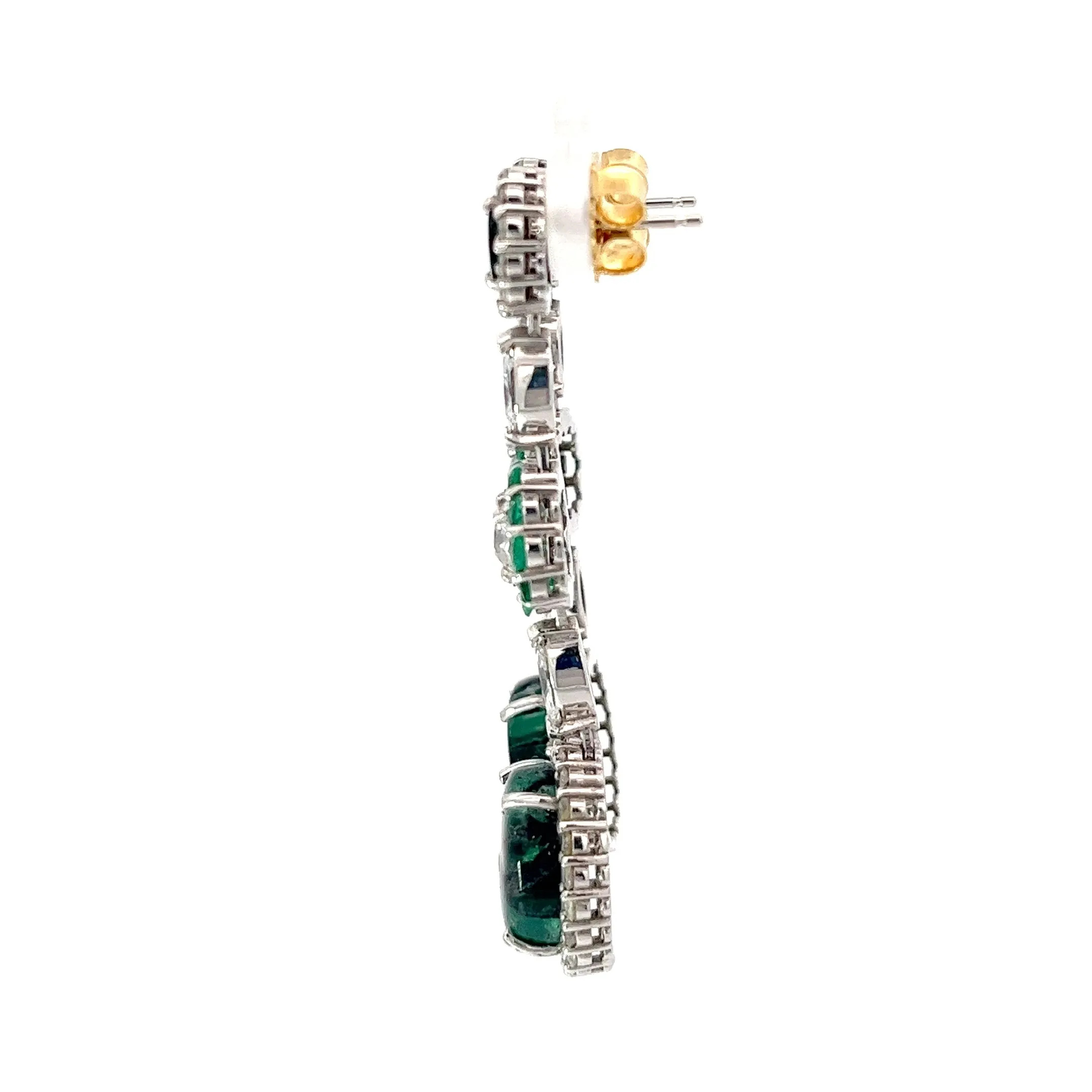 18k White Gold 8.35ct Trapiche Emerald, 1.03ct Old Mine Cut Round Diamond, .95ct Colombian Round Emeralds and .65ct G VS2 Marquise Dangle Earrings