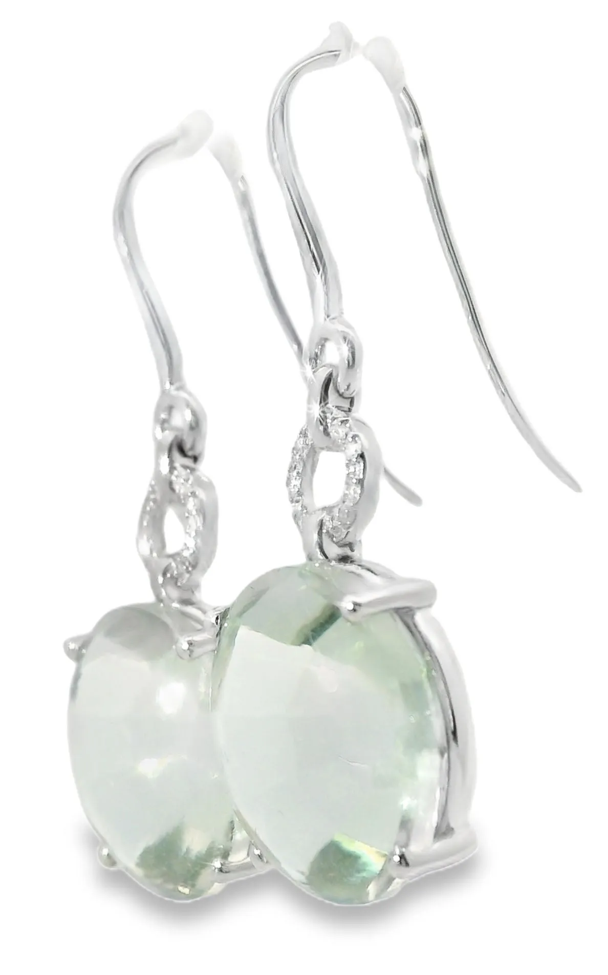 18K White Gold Diamond Cabochon Green Amethyst Hanging Earrings