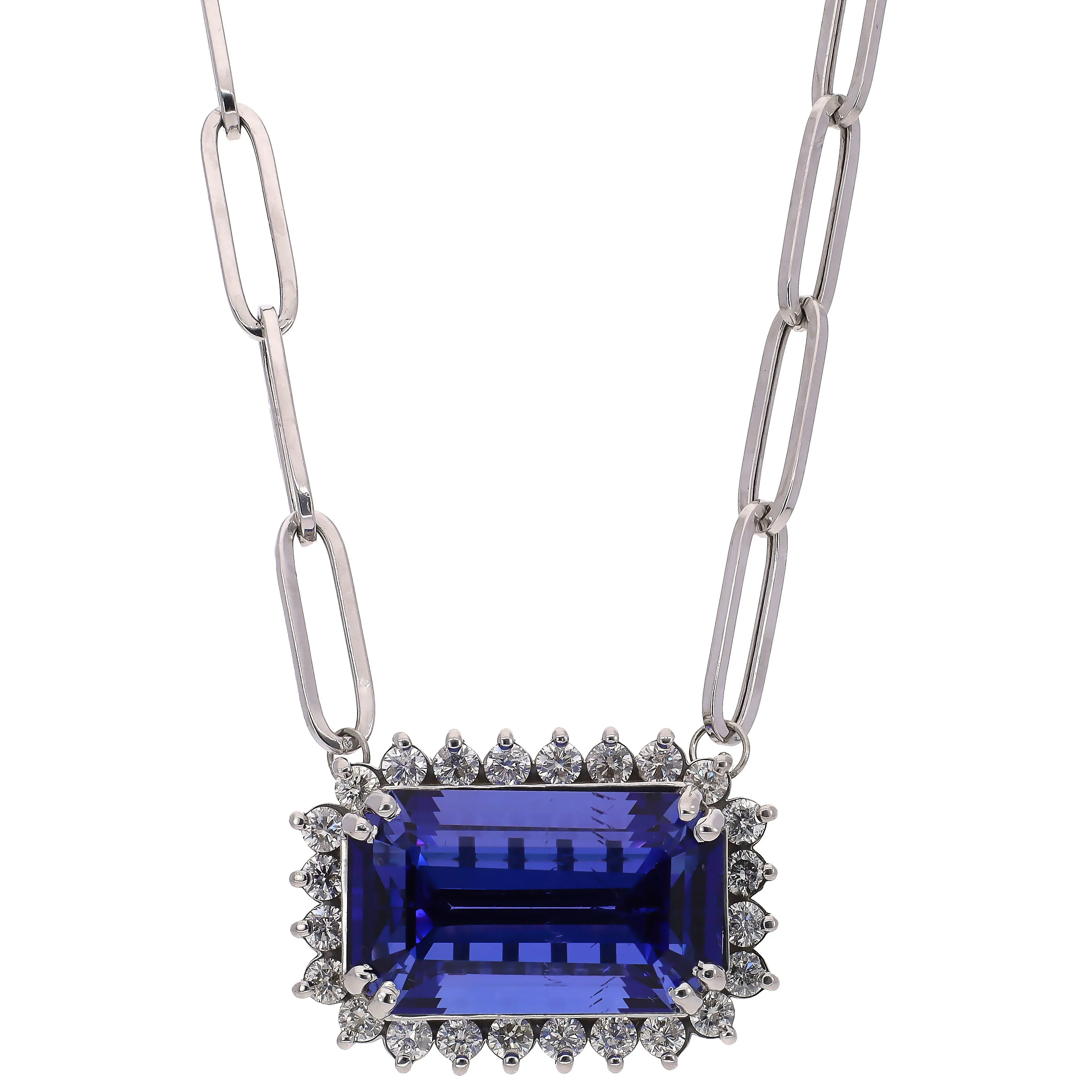 18K White Gold Tanzanite Station Necklace with Paperclip Chain