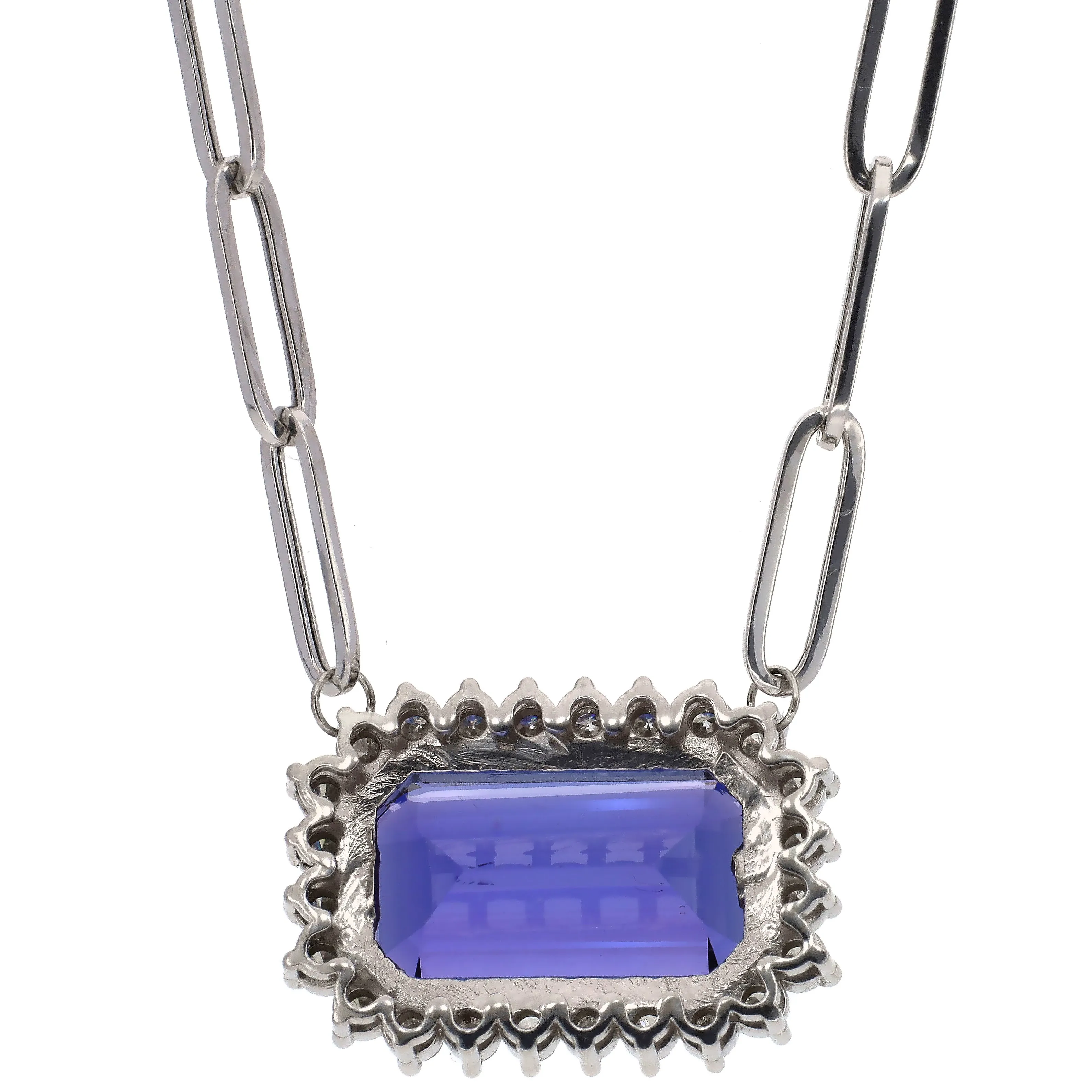 18K White Gold Tanzanite Station Necklace with Paperclip Chain