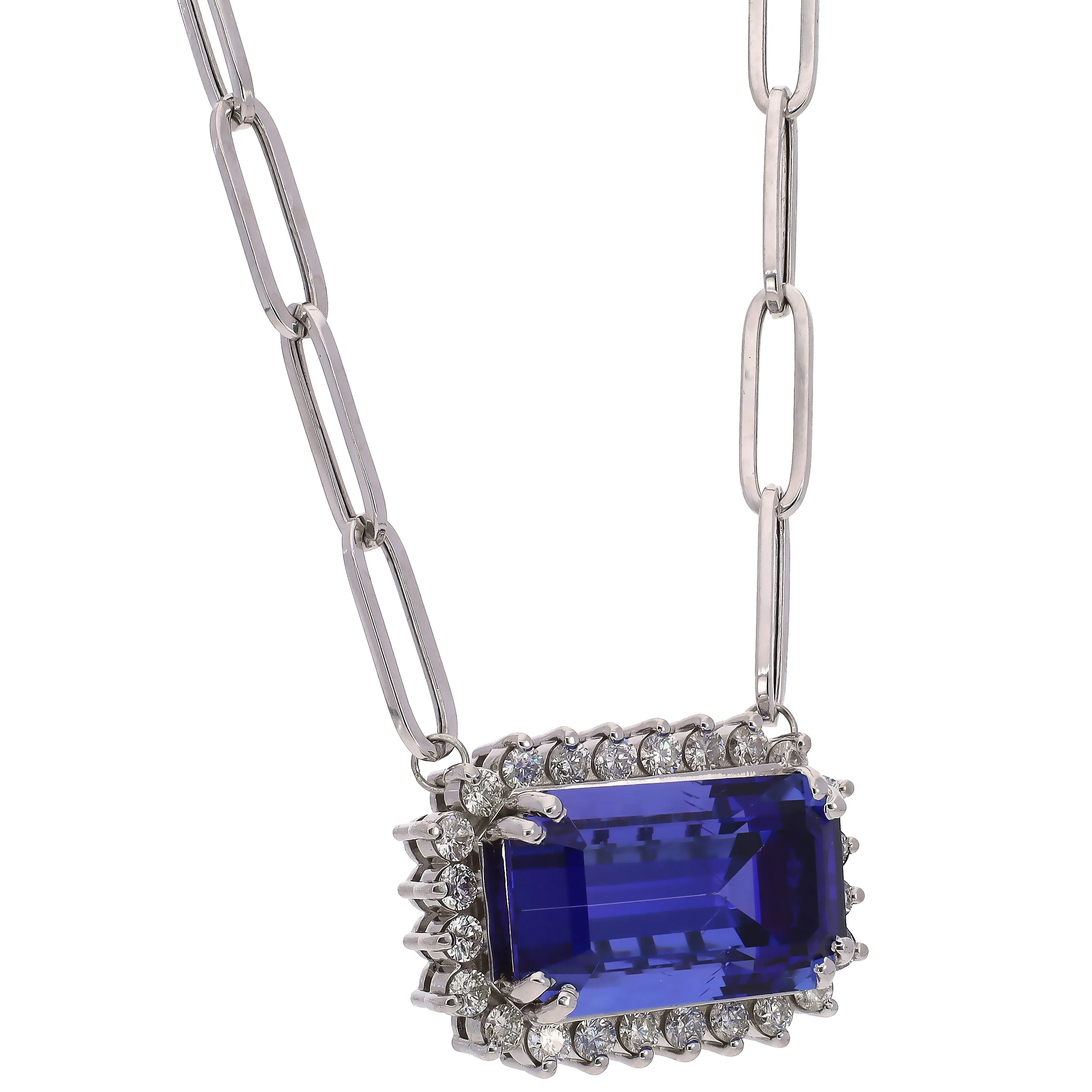 18K White Gold Tanzanite Station Necklace with Paperclip Chain