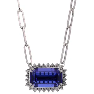 18K White Gold Tanzanite Station Necklace with Paperclip Chain