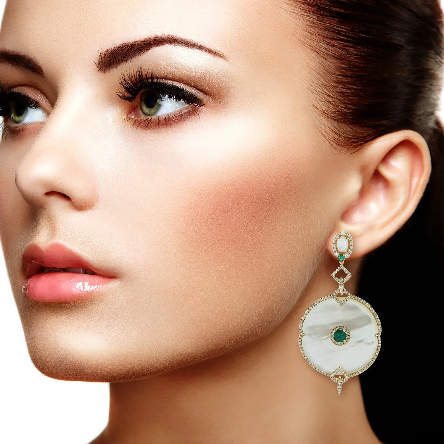 18K Yellow Gold Oval Cut Mop Bezel Set  Emerald Pave Diamond Luxury Dangler Earrings