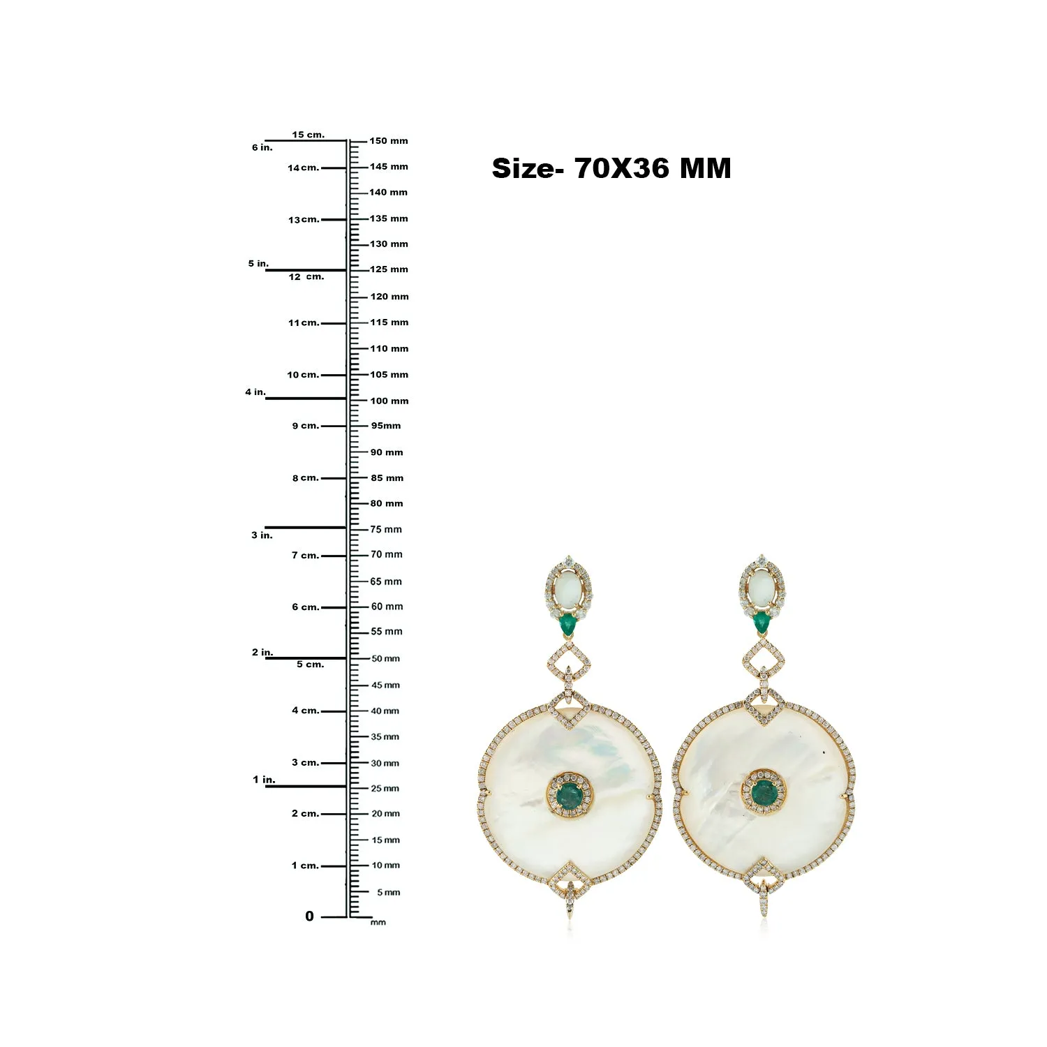 18K Yellow Gold Oval Cut Mop Bezel Set  Emerald Pave Diamond Luxury Dangler Earrings