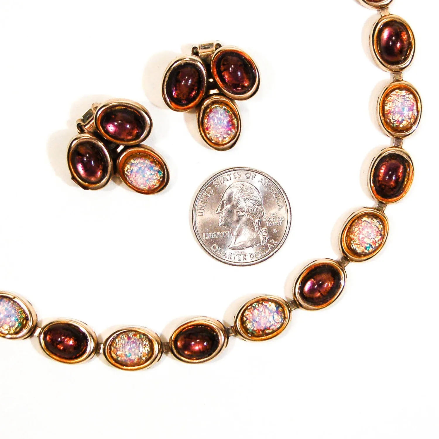 1950's Amethyst and Fire Opal Necklace and Earrings Set