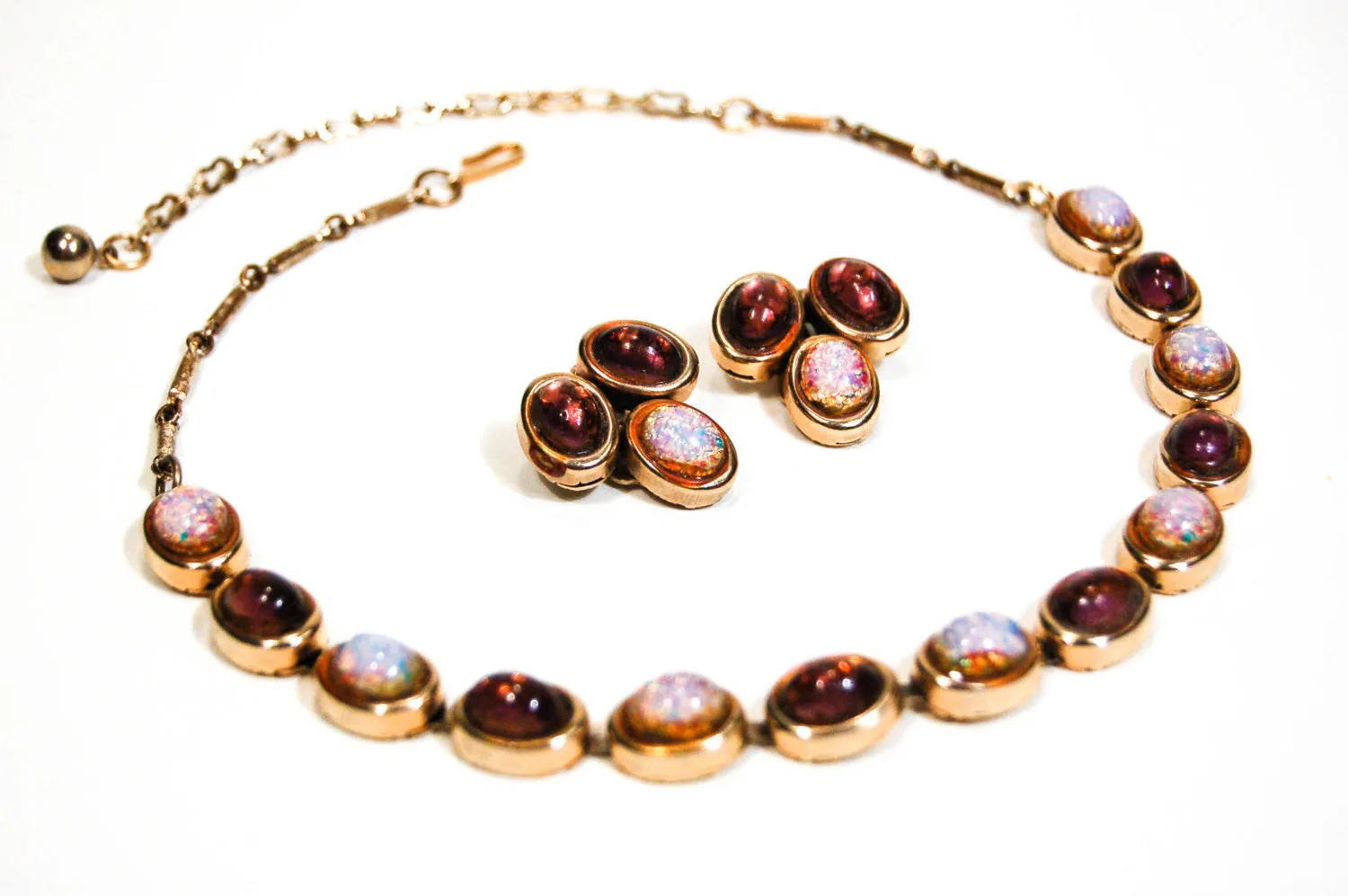 1950's Amethyst and Fire Opal Necklace and Earrings Set