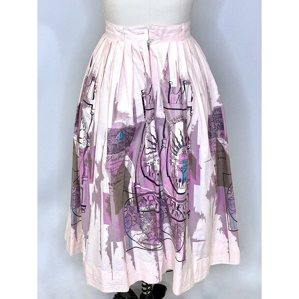 1950s Cute Vintage Pink Cotton Skirt Norfolk Inn Boston Graphic Philcraft Print Small 24"
