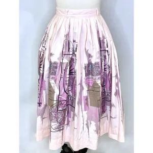 1950s Cute Vintage Pink Cotton Skirt Norfolk Inn Boston Graphic Philcraft Print Small 24"