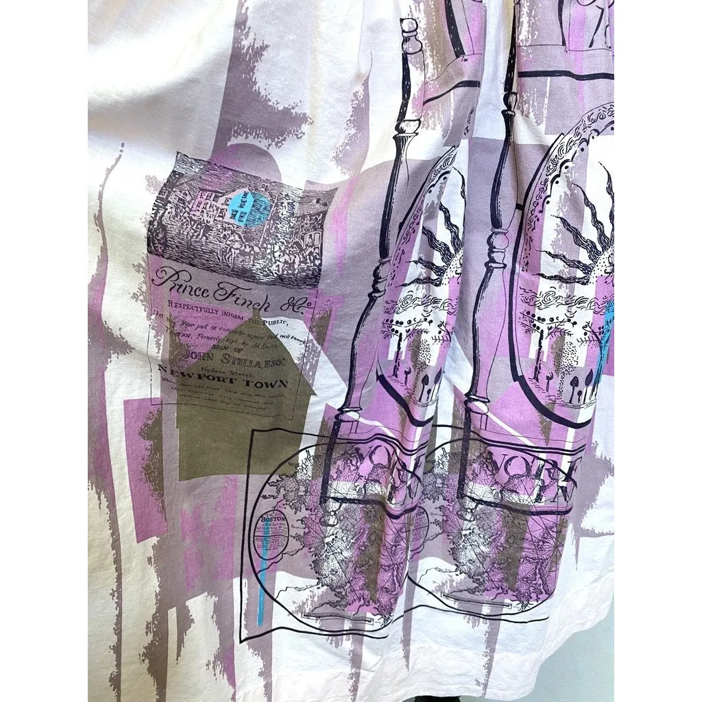 1950s Cute Vintage Pink Cotton Skirt Norfolk Inn Boston Graphic Philcraft Print Small 24"