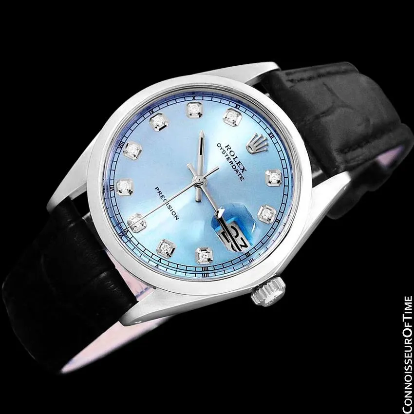 1969 Rolex Oysterdate Mens Vintage Tiffany Blue Dial Watch - Stainless Steel & Diamonds