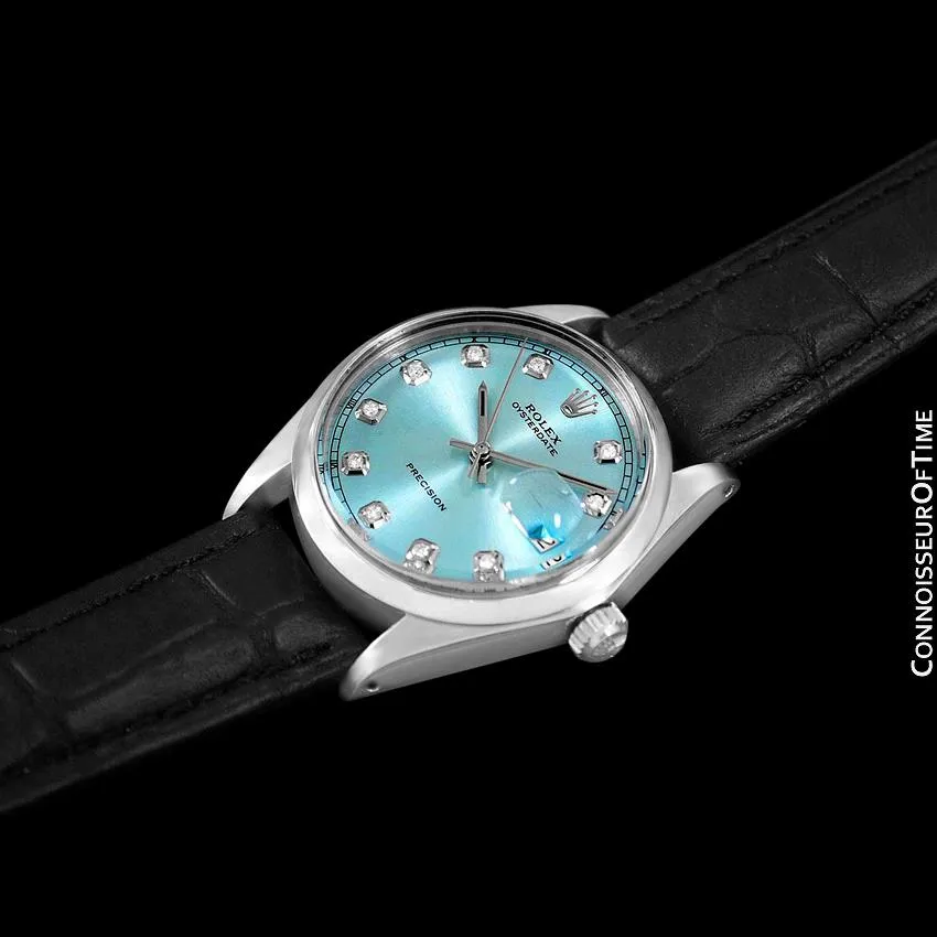 1969 Rolex Oysterdate Mens Vintage Tiffany Blue Dial Watch - Stainless Steel & Diamonds