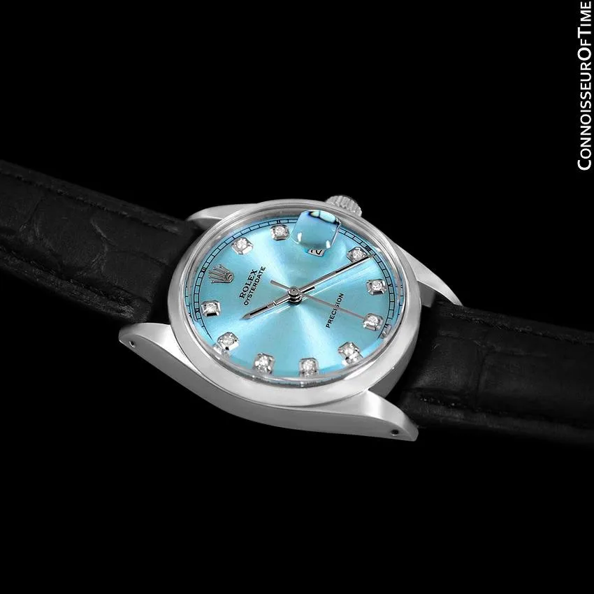 1969 Rolex Oysterdate Mens Vintage Tiffany Blue Dial Watch - Stainless Steel & Diamonds