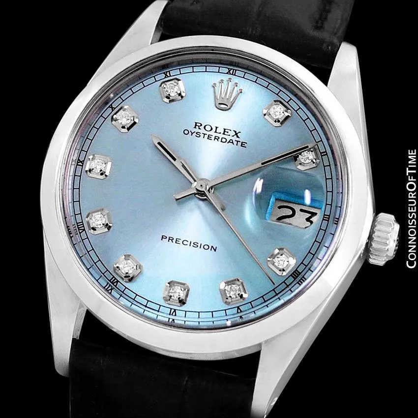 1969 Rolex Oysterdate Mens Vintage Tiffany Blue Dial Watch - Stainless Steel & Diamonds