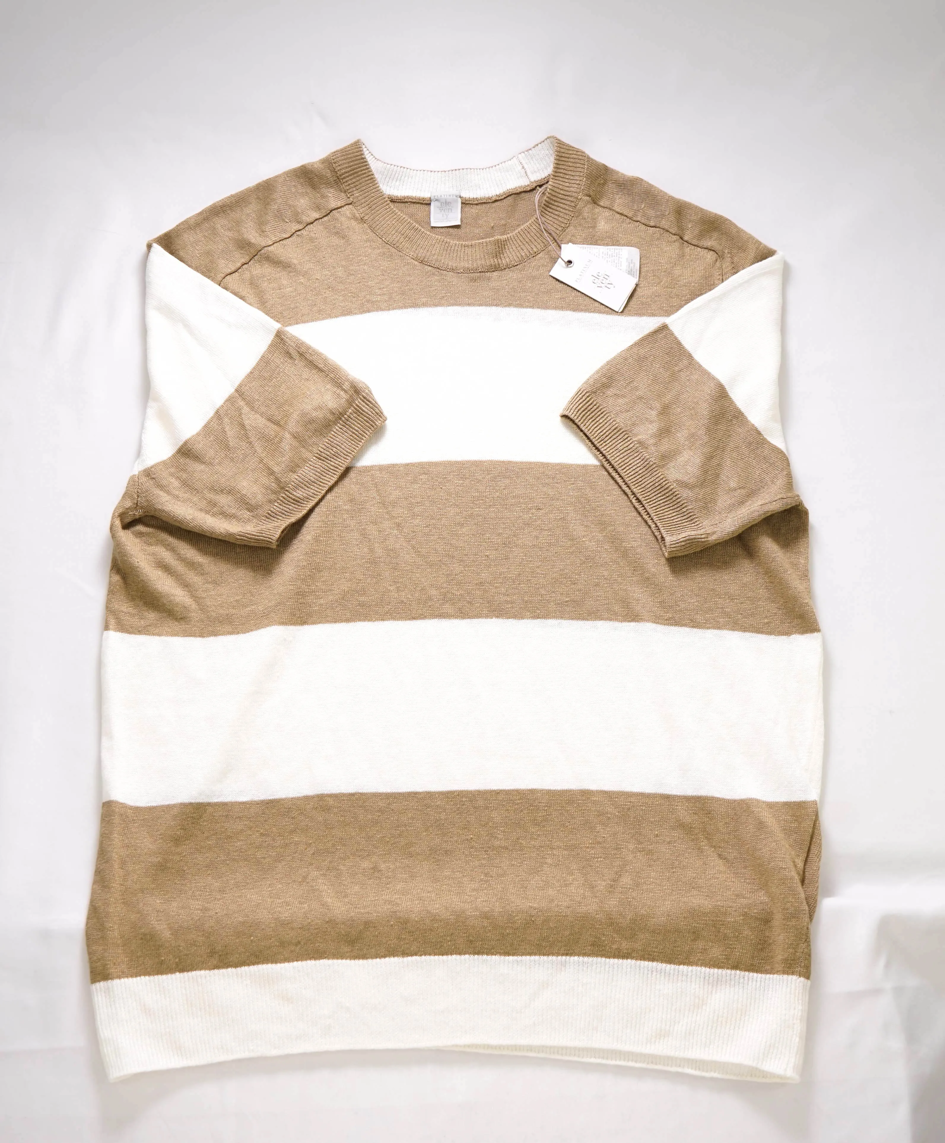 $295 ELEVENTY - Linen NAUTICAL STRIPE Camel/White Short Sleeve T - M