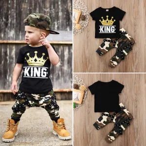 30 Pieces) Wholesale Fashion Boy Crown Print Top And Camouflage Trousers Set