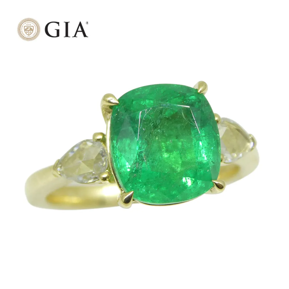 3.57ct Emerald, Diamond Statement or Engagement Ring set in 18k Yellow Gold, GIA Certified Zambia