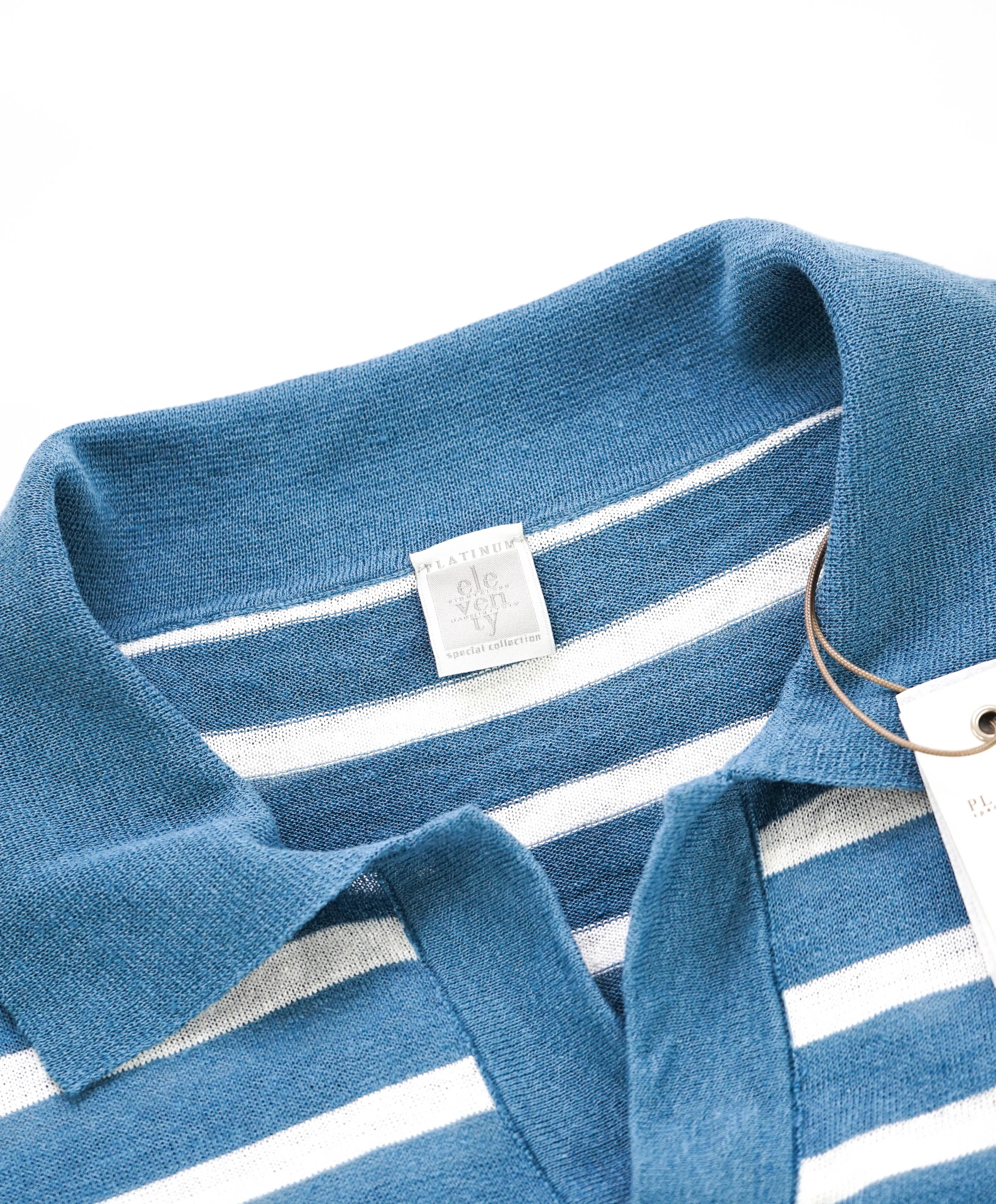 $575 ELEVENTY - Linen/Cotton Blue Sweater Polo Short Sleeve T - M