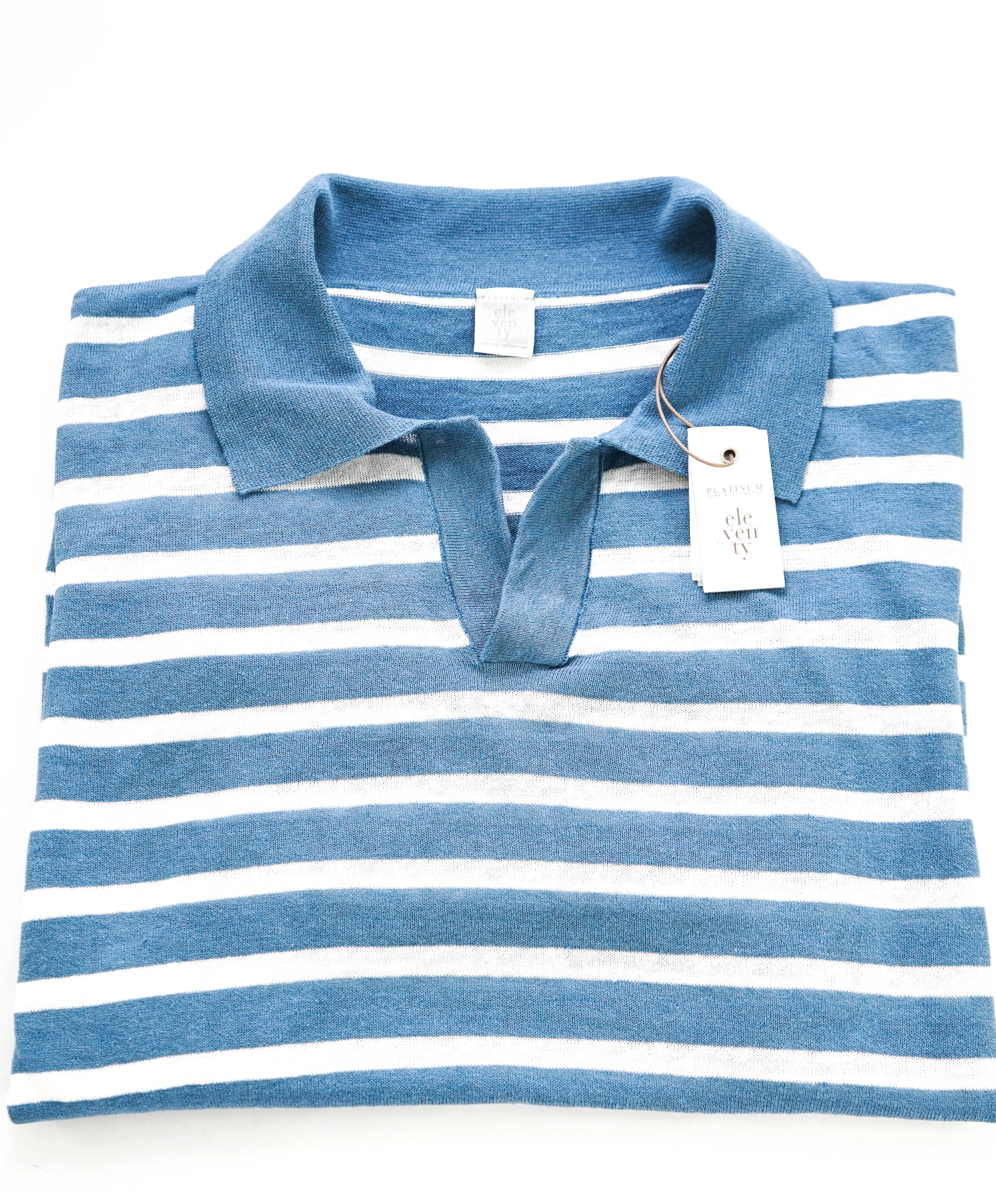 $575 ELEVENTY - Linen/Cotton Blue Sweater Polo Short Sleeve T - M