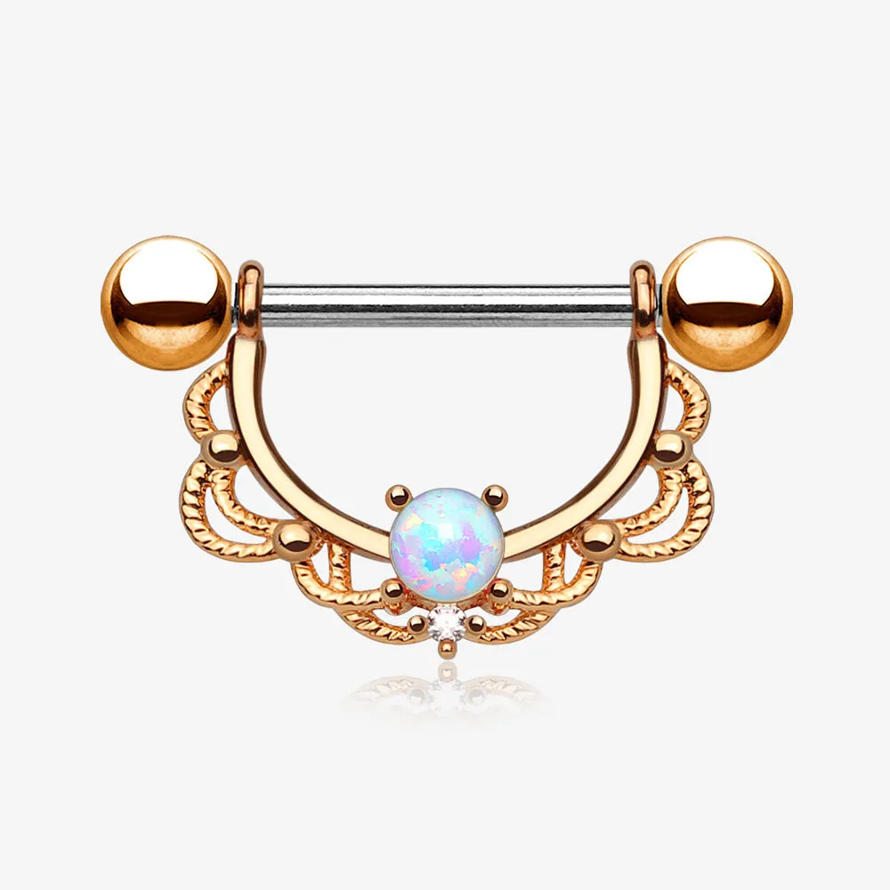 A Pair of Rose Gold Turan Fire Opal Sparkle Dangle Nipple Shield