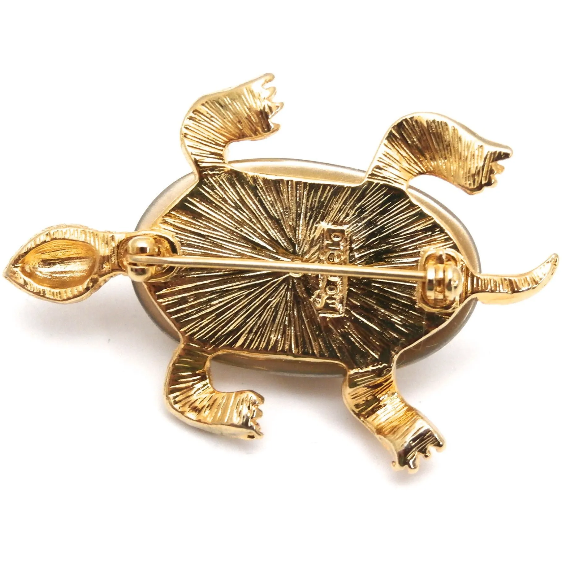 Adorable Marvella Signed Turtle Brooch 1950s Goldtone Large Baroque Body