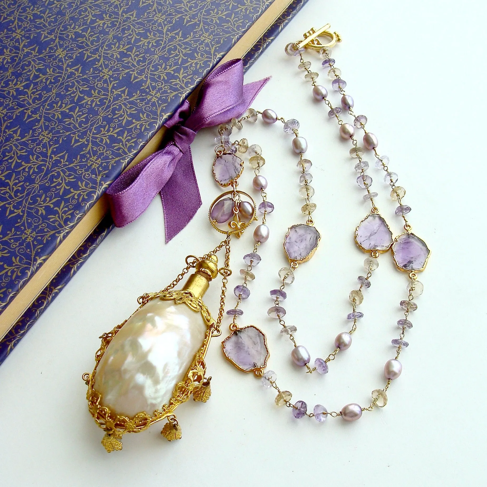 Ametrine Amethyst Slices Chatelaine Shell Scent Bottle Necklace - Guinevere III Necklace