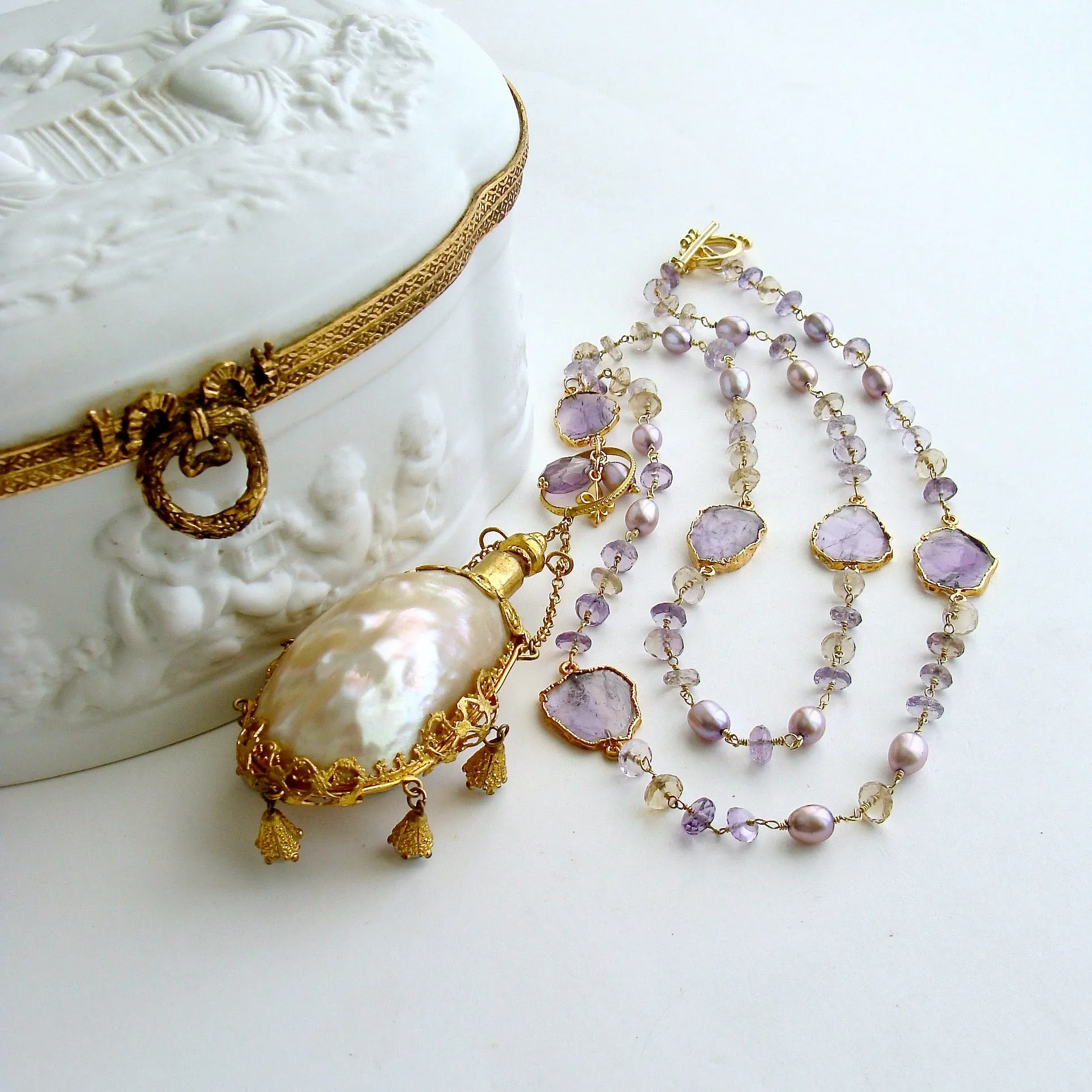 Ametrine Amethyst Slices Chatelaine Shell Scent Bottle Necklace - Guinevere III Necklace