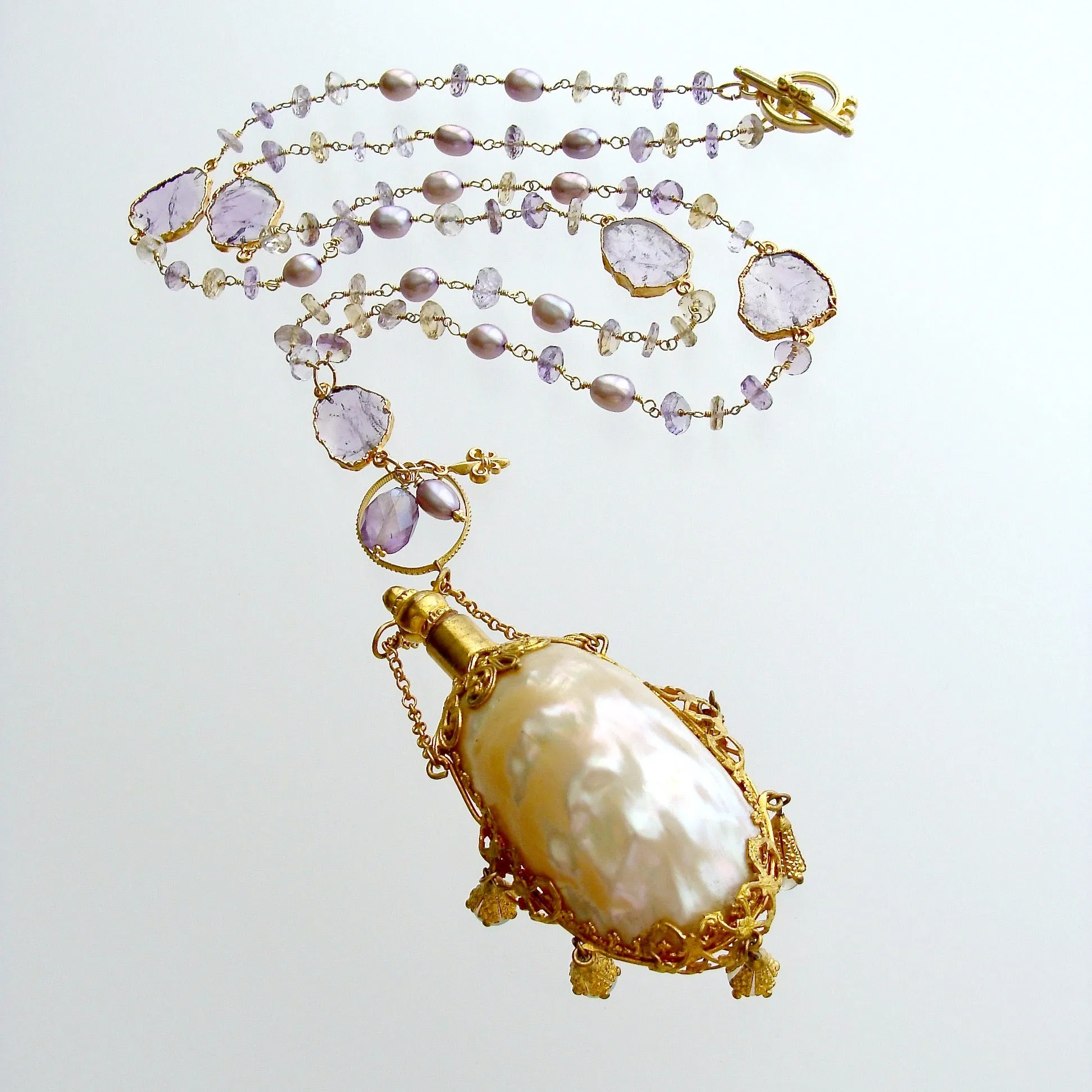 Ametrine Amethyst Slices Chatelaine Shell Scent Bottle Necklace - Guinevere III Necklace