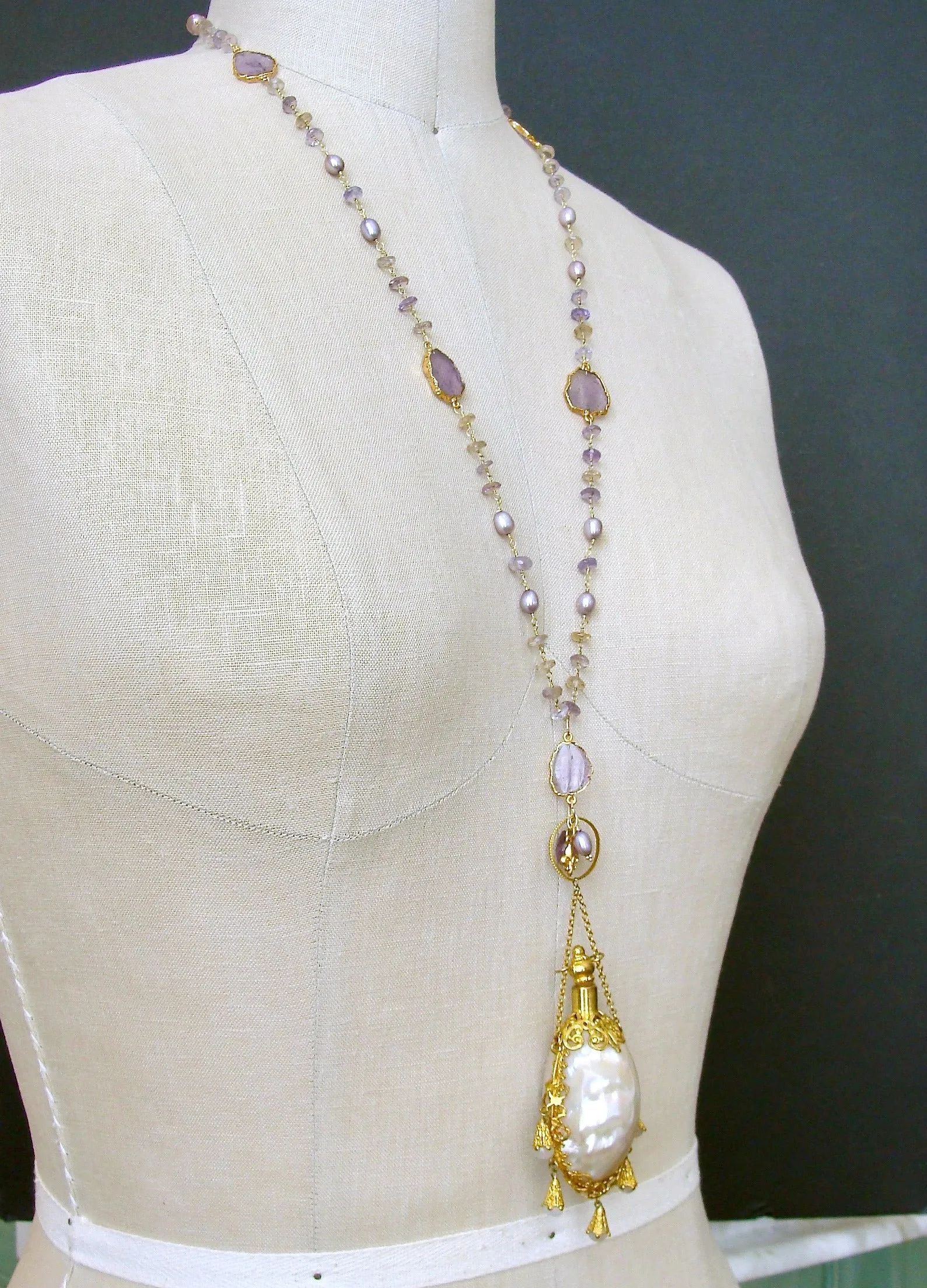 Ametrine Amethyst Slices Chatelaine Shell Scent Bottle Necklace - Guinevere III Necklace